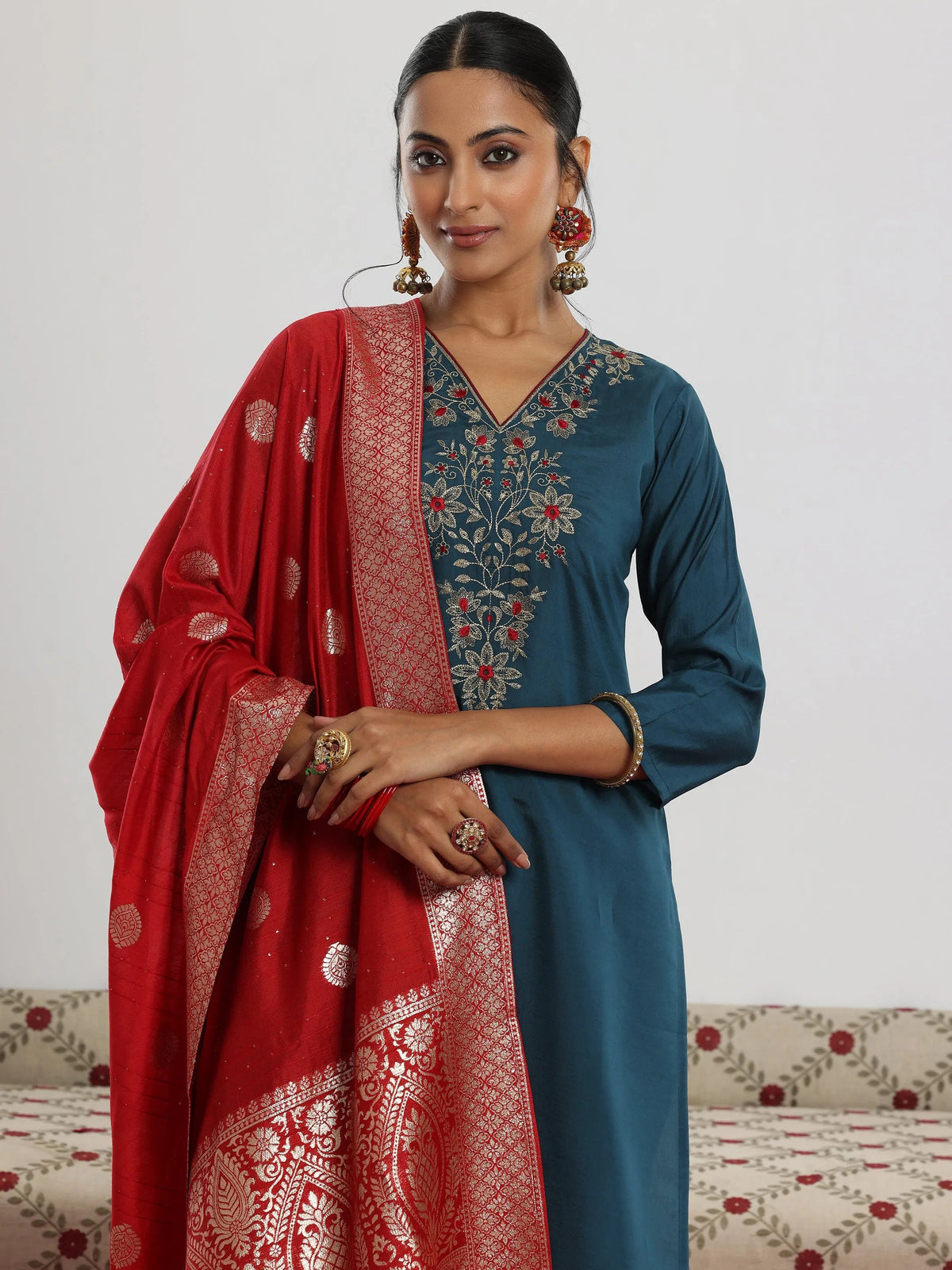 Gerua Teal Yoke Design Silk Blend Straight Suit With Dupatta