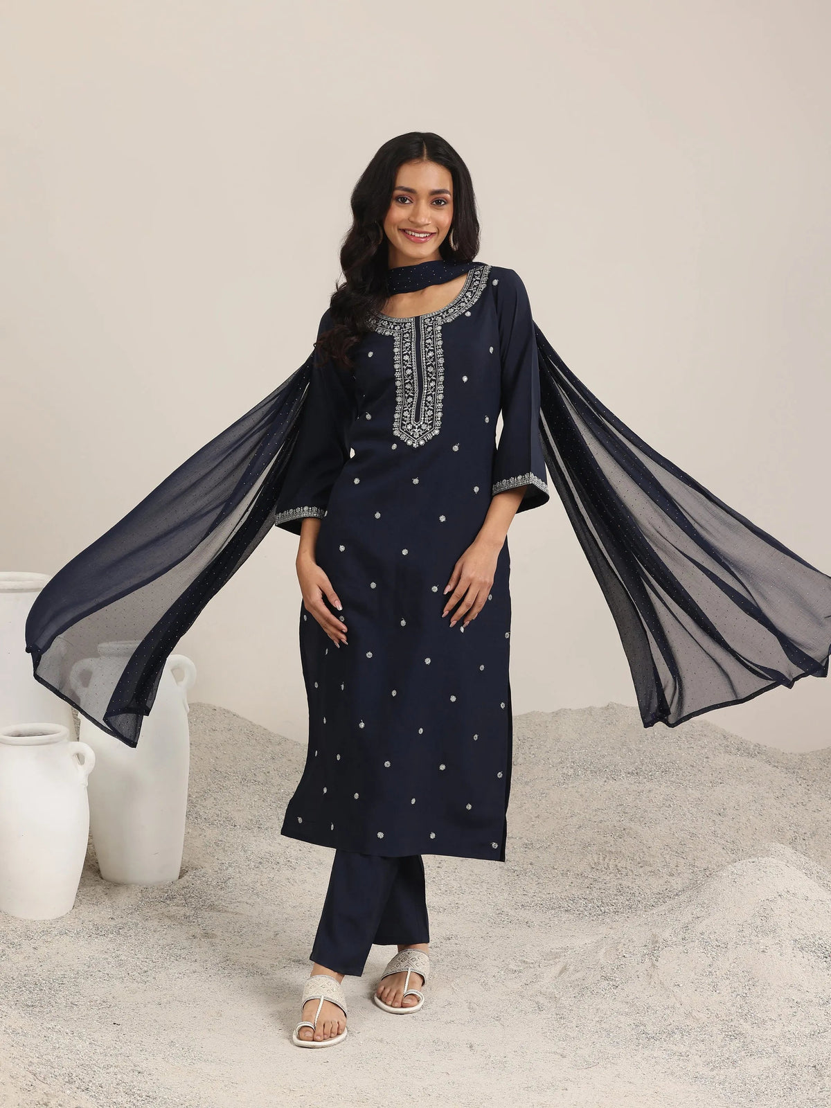 Gerua Navy Embroidered Silk Blend Straight Suits With Dupatta
