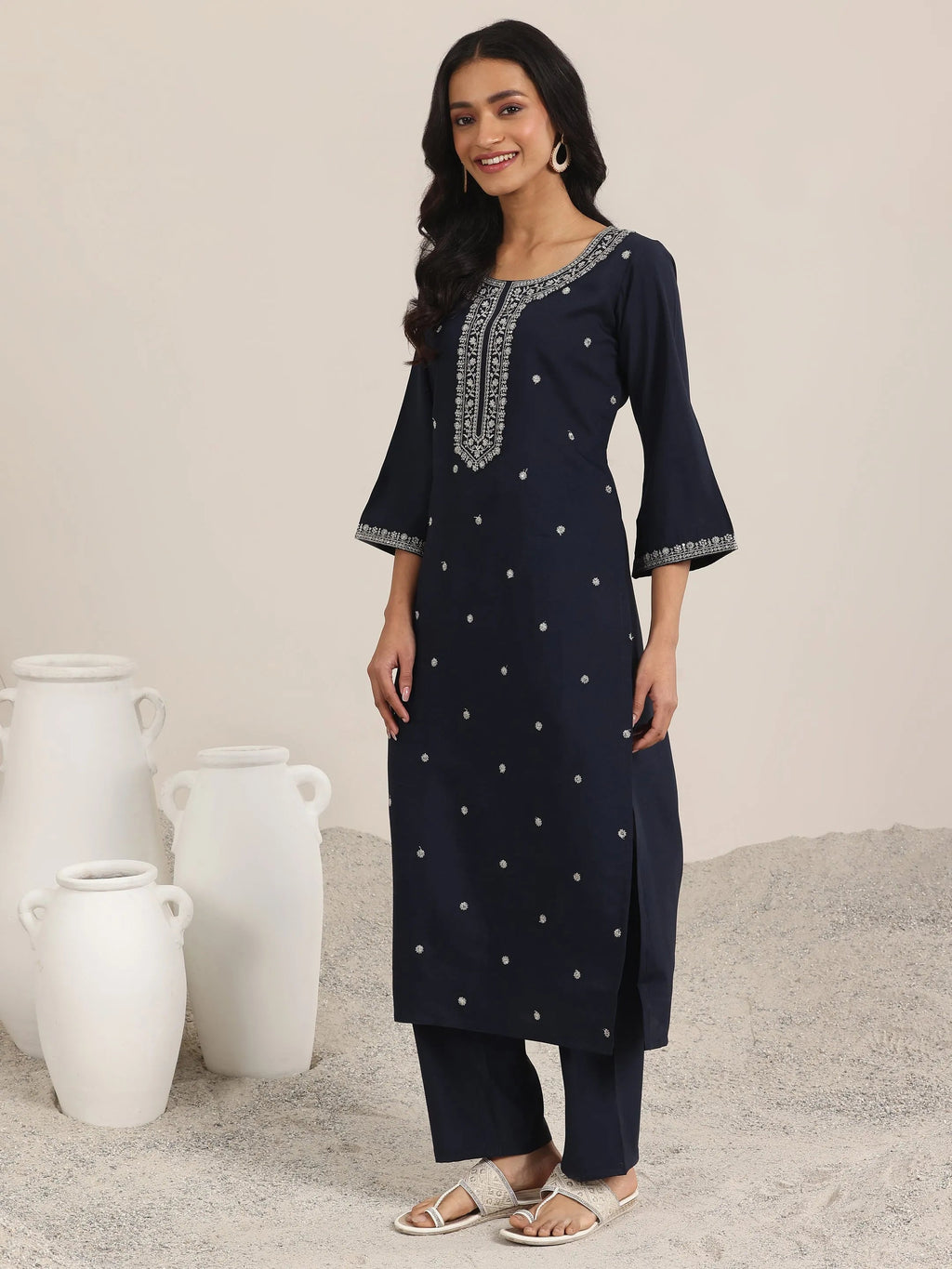 Gerua Navy Embroidered Silk Blend Straight Suits With Dupatta