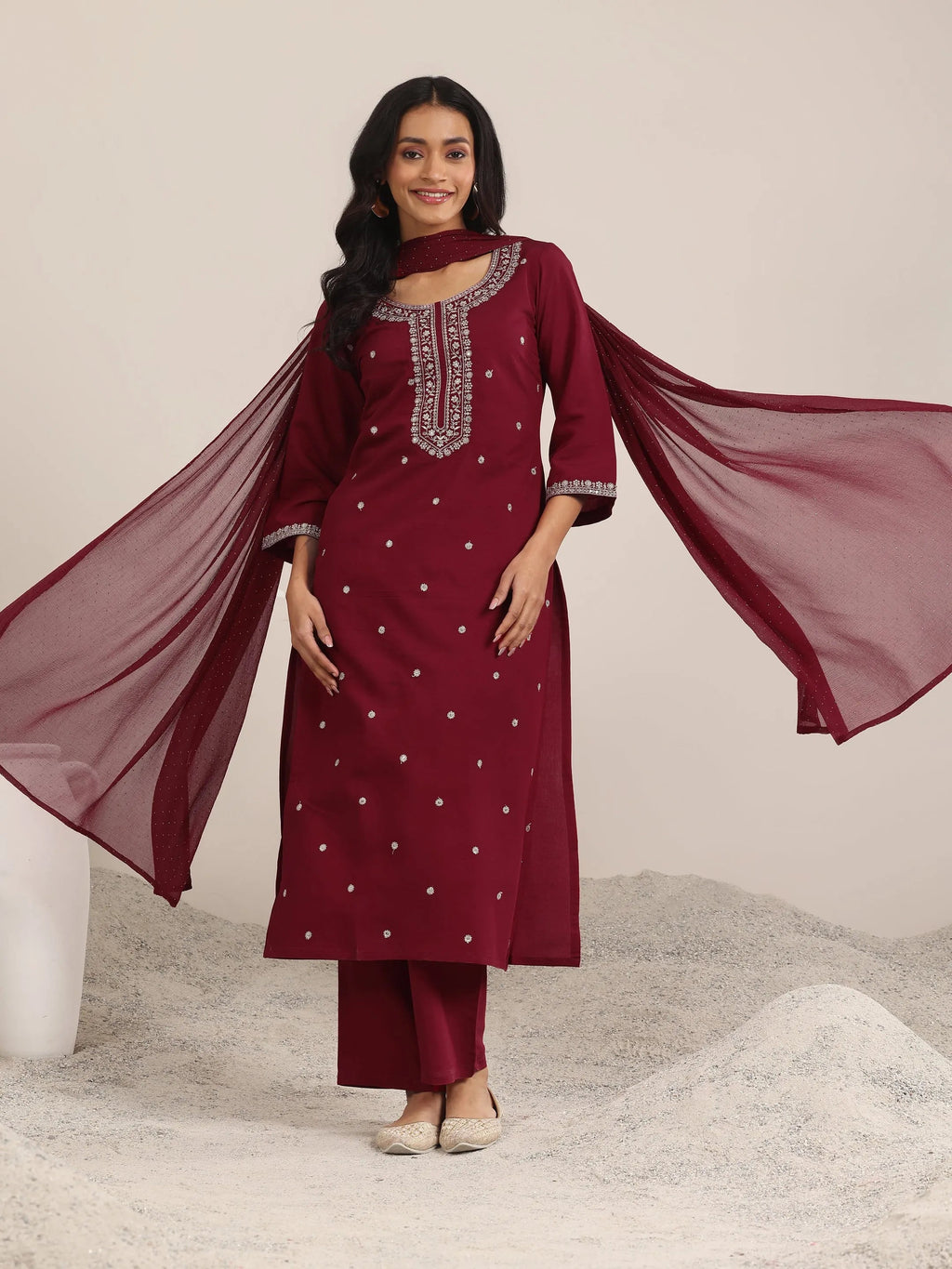 Gerua Maroon Embroidered Silk Blend Straight Suit With Dupatta