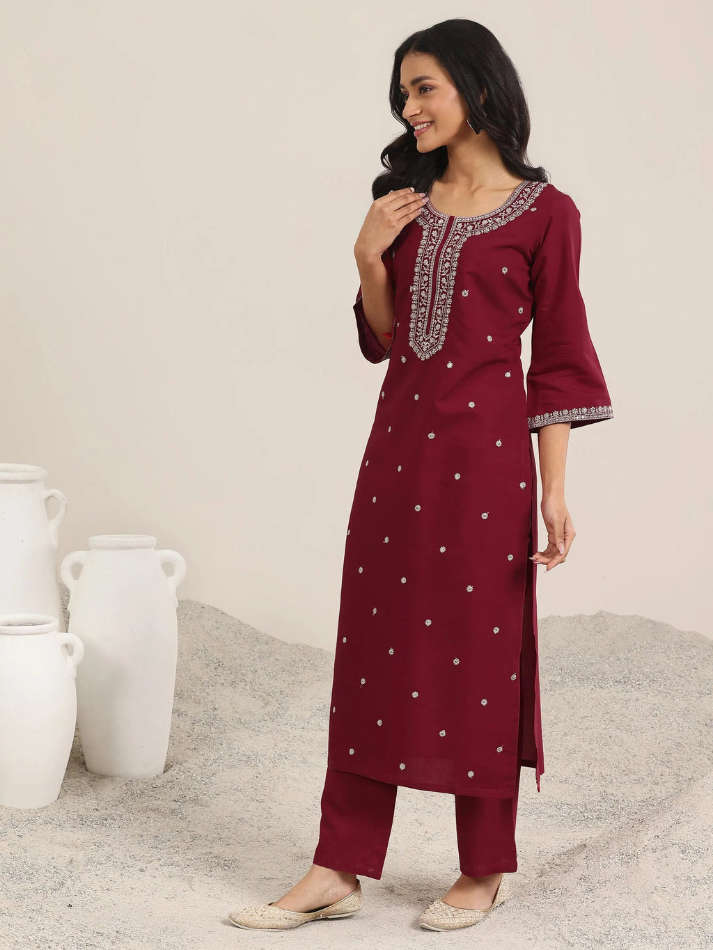 Gerua Maroon Embroidered Silk Blend Straight Suit With Dupatta