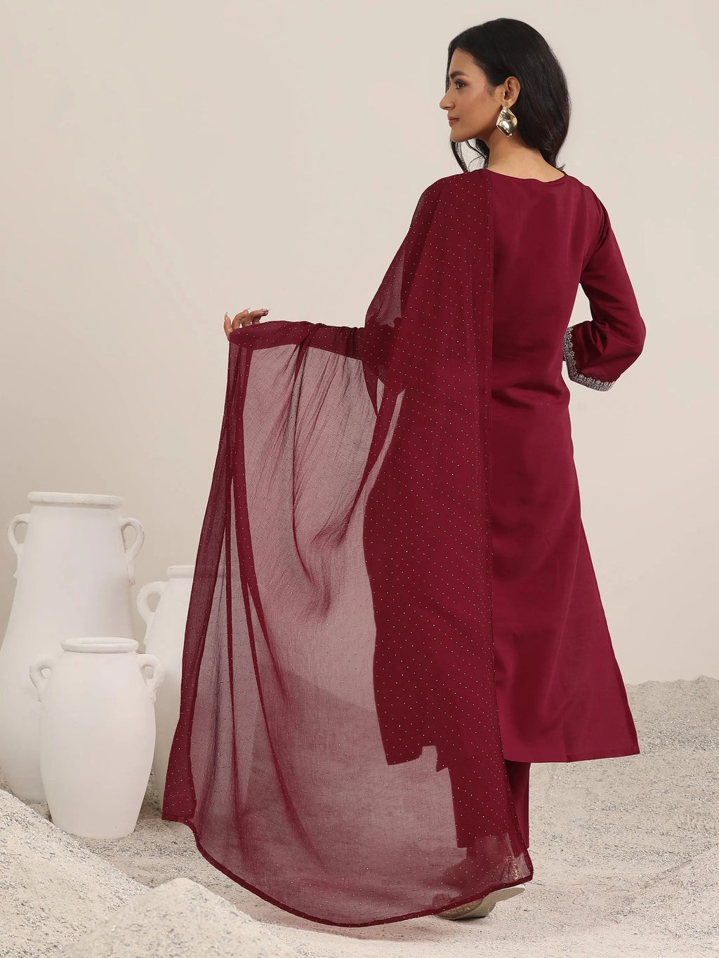 Gerua Maroon Embroidered Silk Blend Straight Suit With Dupatta
