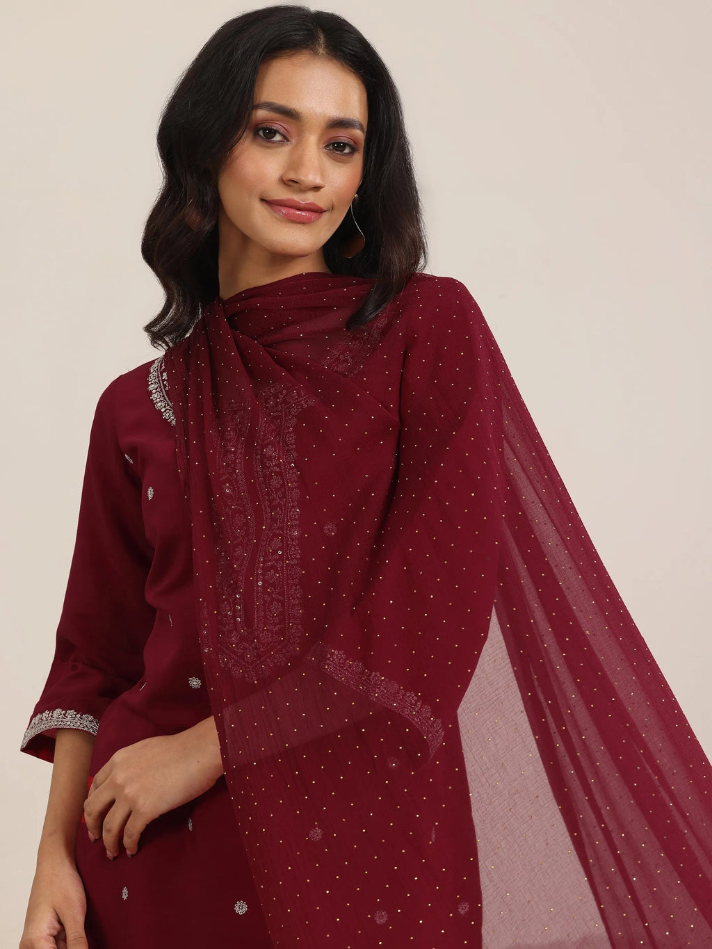 Gerua Maroon Embroidered Silk Blend Straight Suit With Dupatta