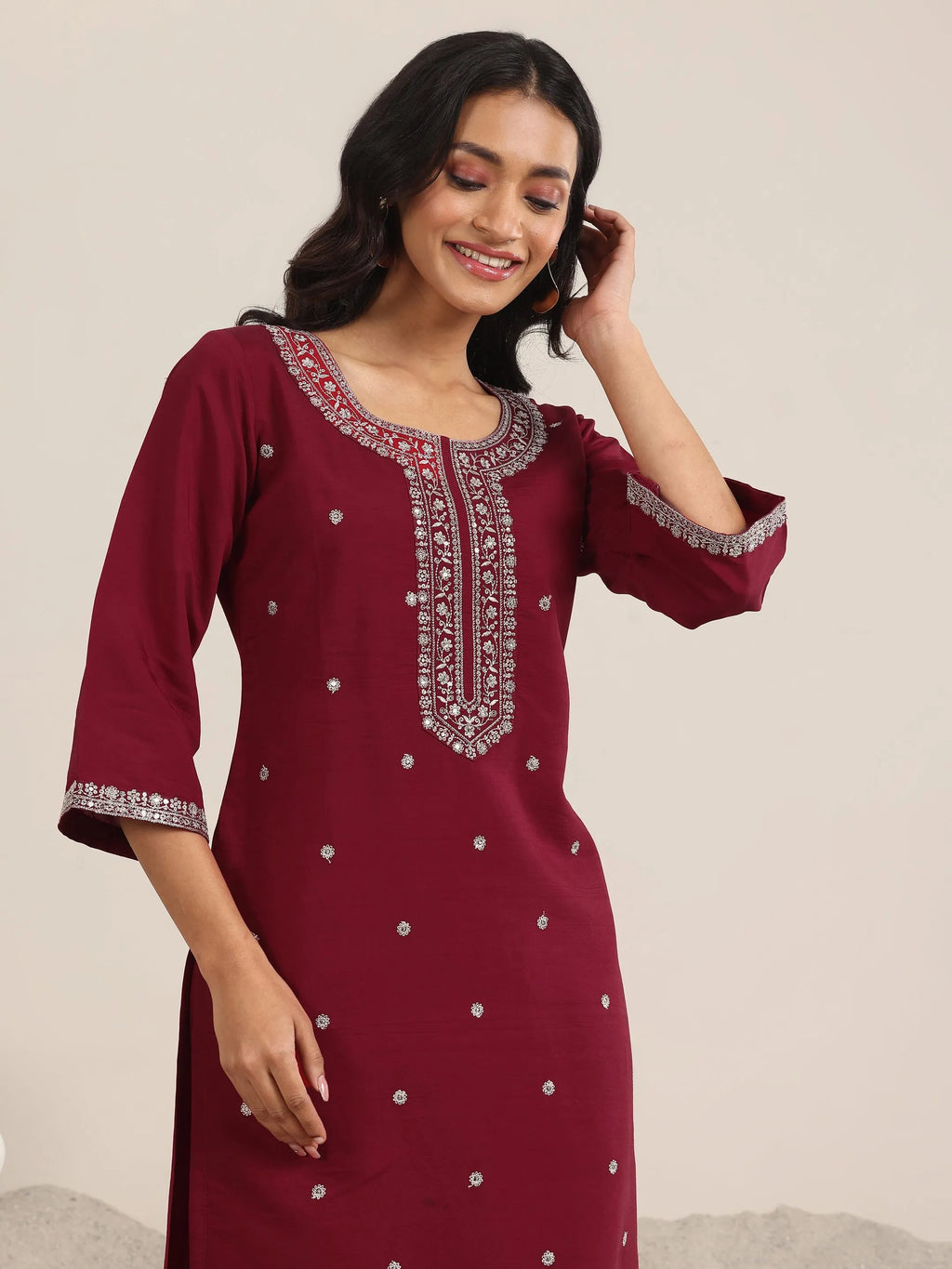 Gerua Maroon Embroidered Silk Blend Straight Suit With Dupatta