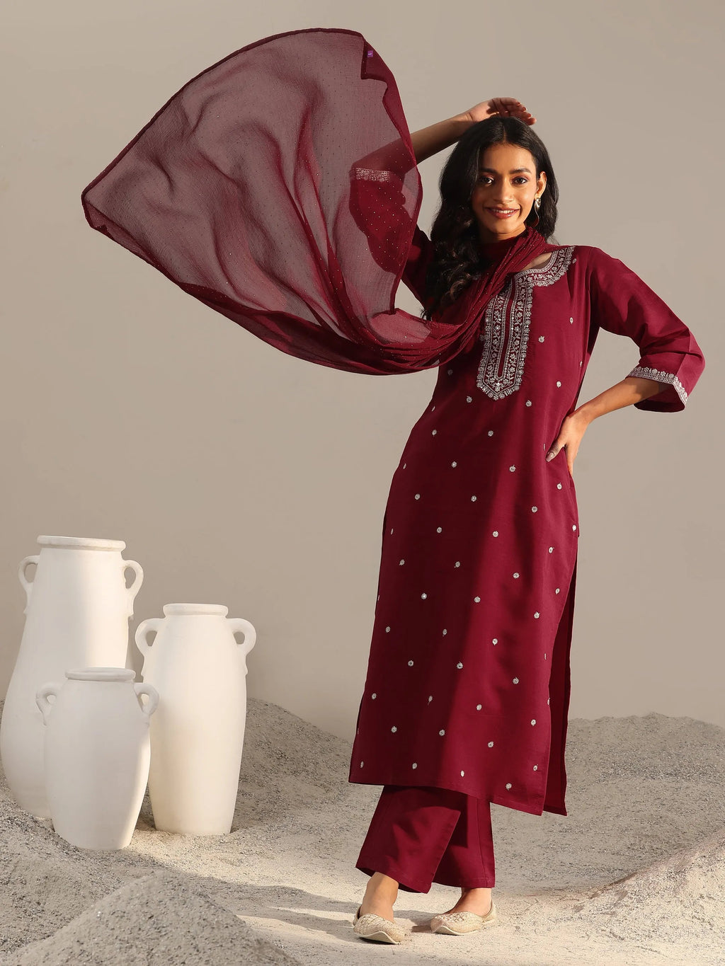 Gerua Maroon Embroidered Silk Blend Straight Suit With Dupatta