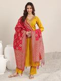Gerua Mustard Embroidered Silk Blend Straight Suit With Dupatta