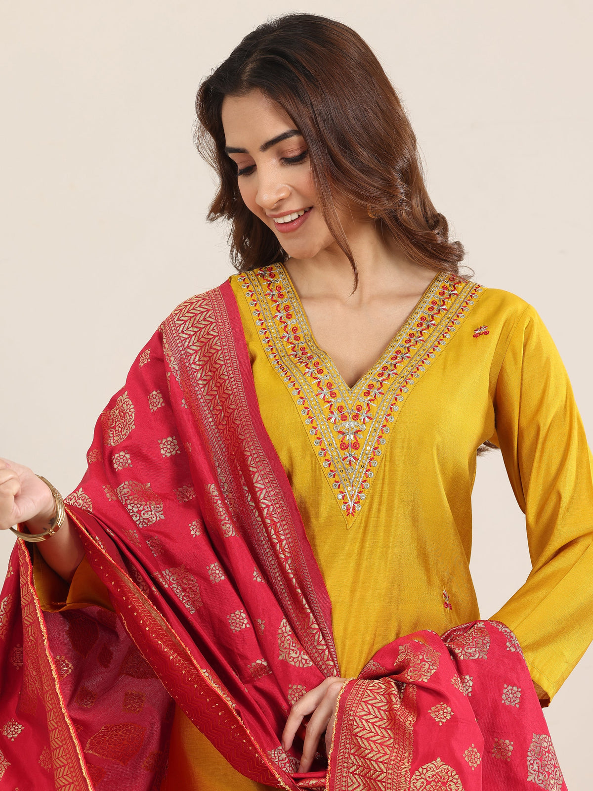 Gerua Mustard Embroidered Silk Blend Straight Suit With Dupatta