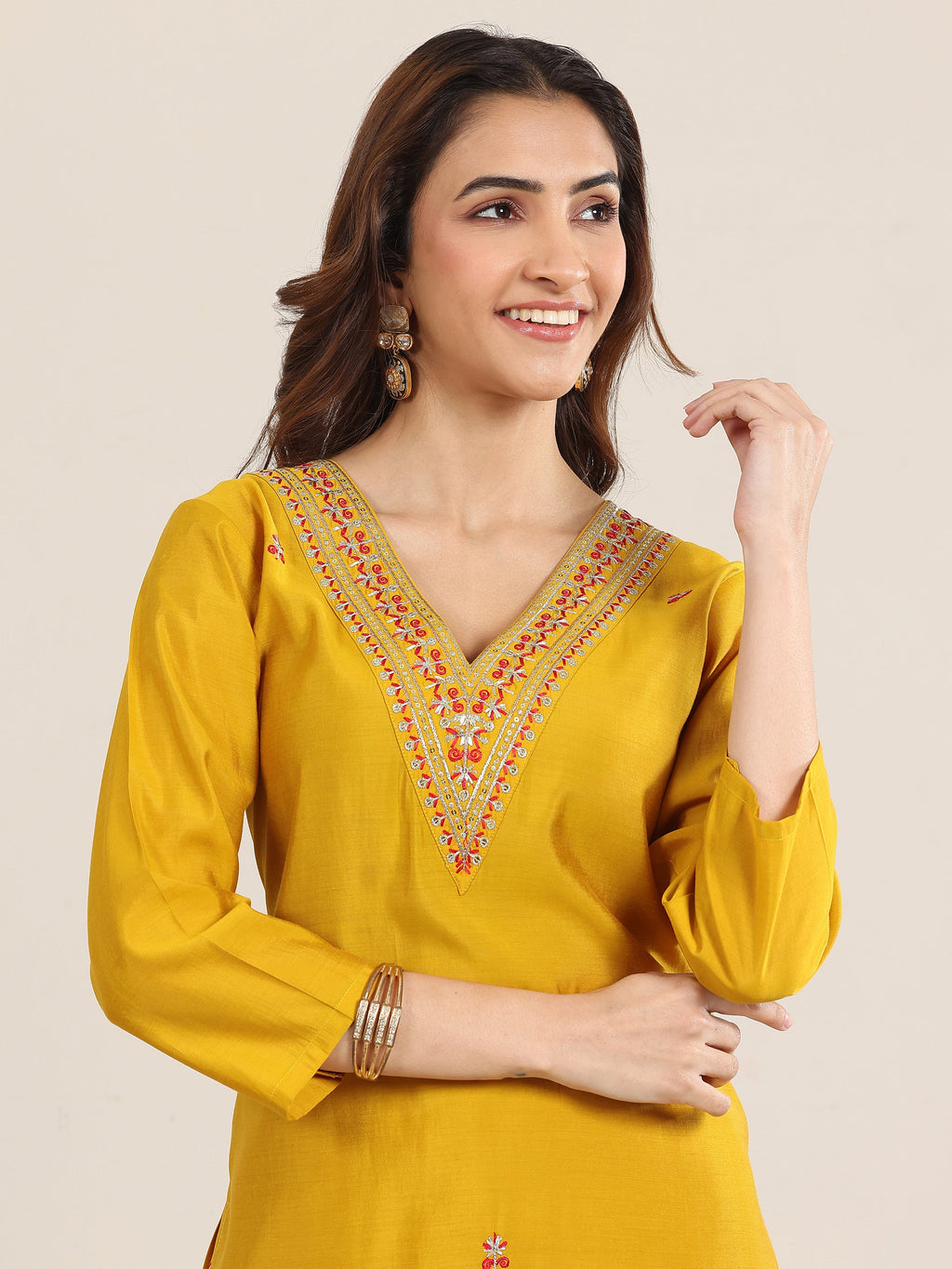 Gerua Mustard Embroidered Silk Blend Straight Suit With Dupatta