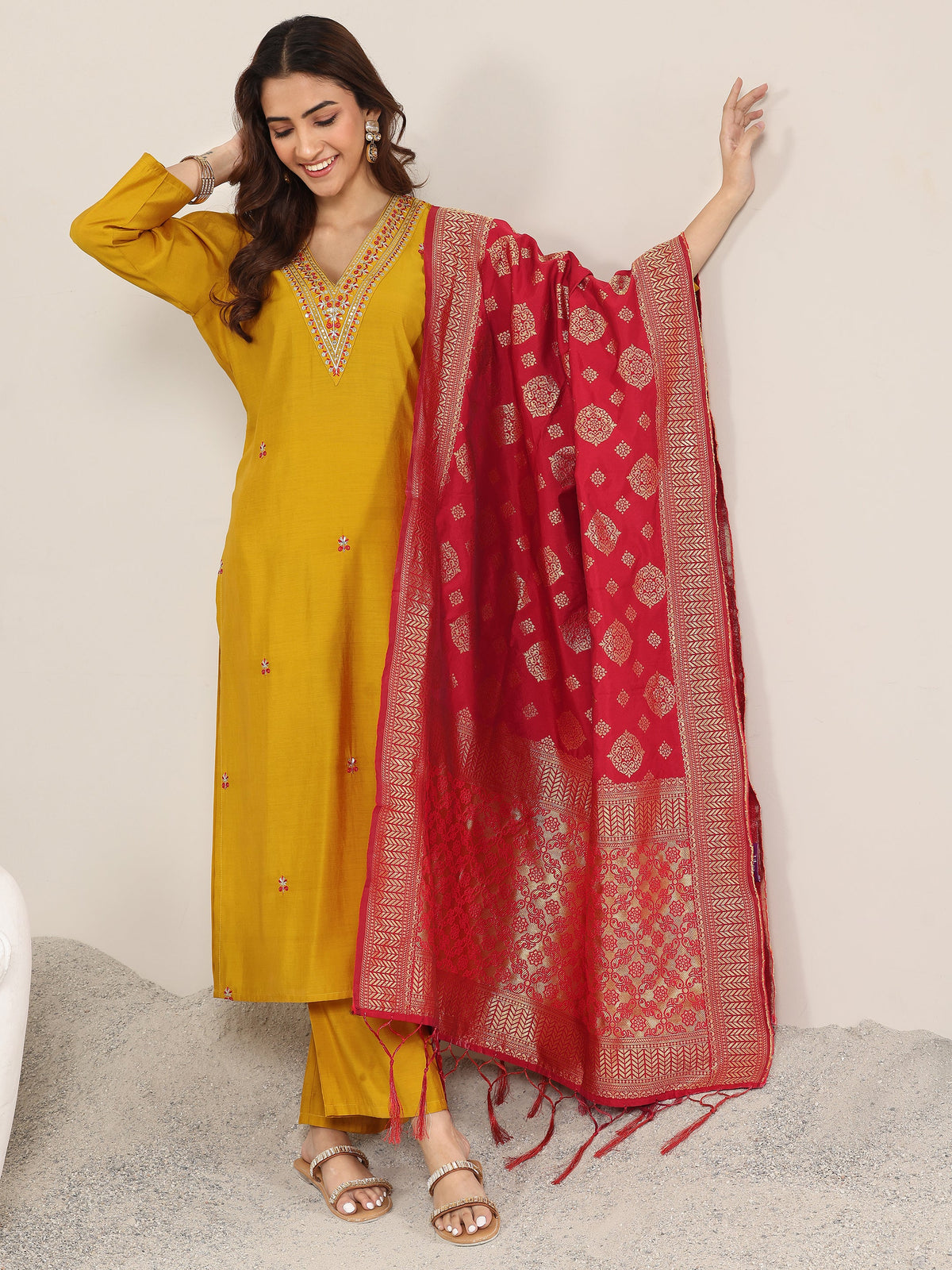Gerua Mustard Embroidered Silk Blend Straight Suit With Dupatta