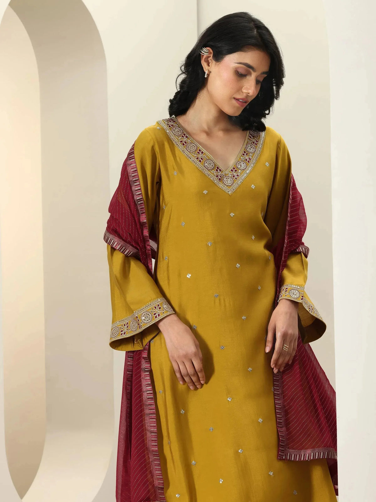 Gerua Mustard Embroidered Silk Blend Straight Suit Sets With Dupatta