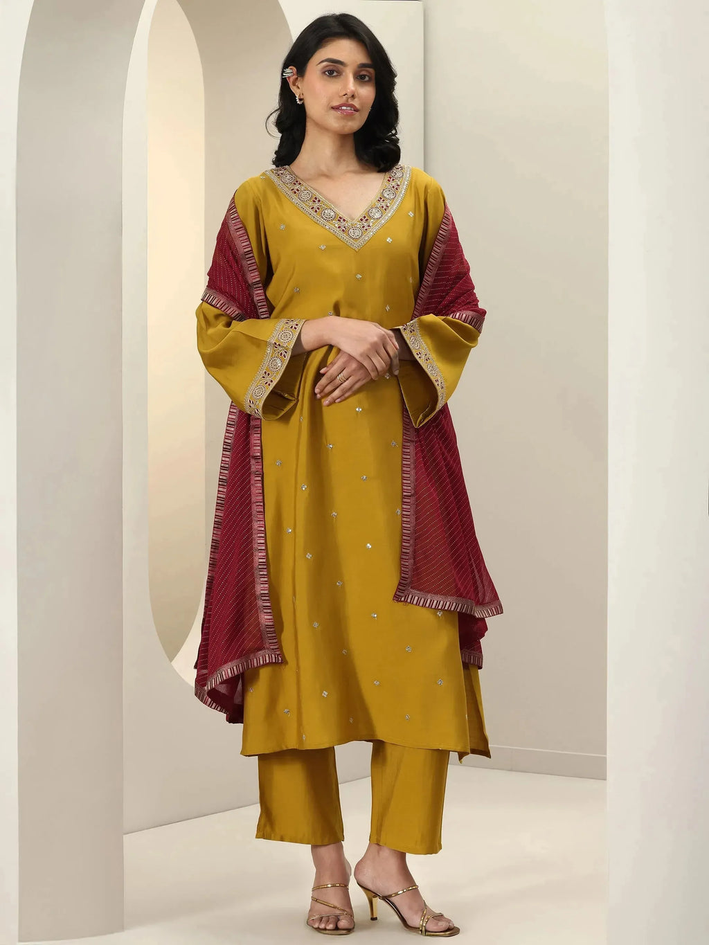Gerua Mustard Embroidered Silk Blend Straight Suit Sets With Dupatta