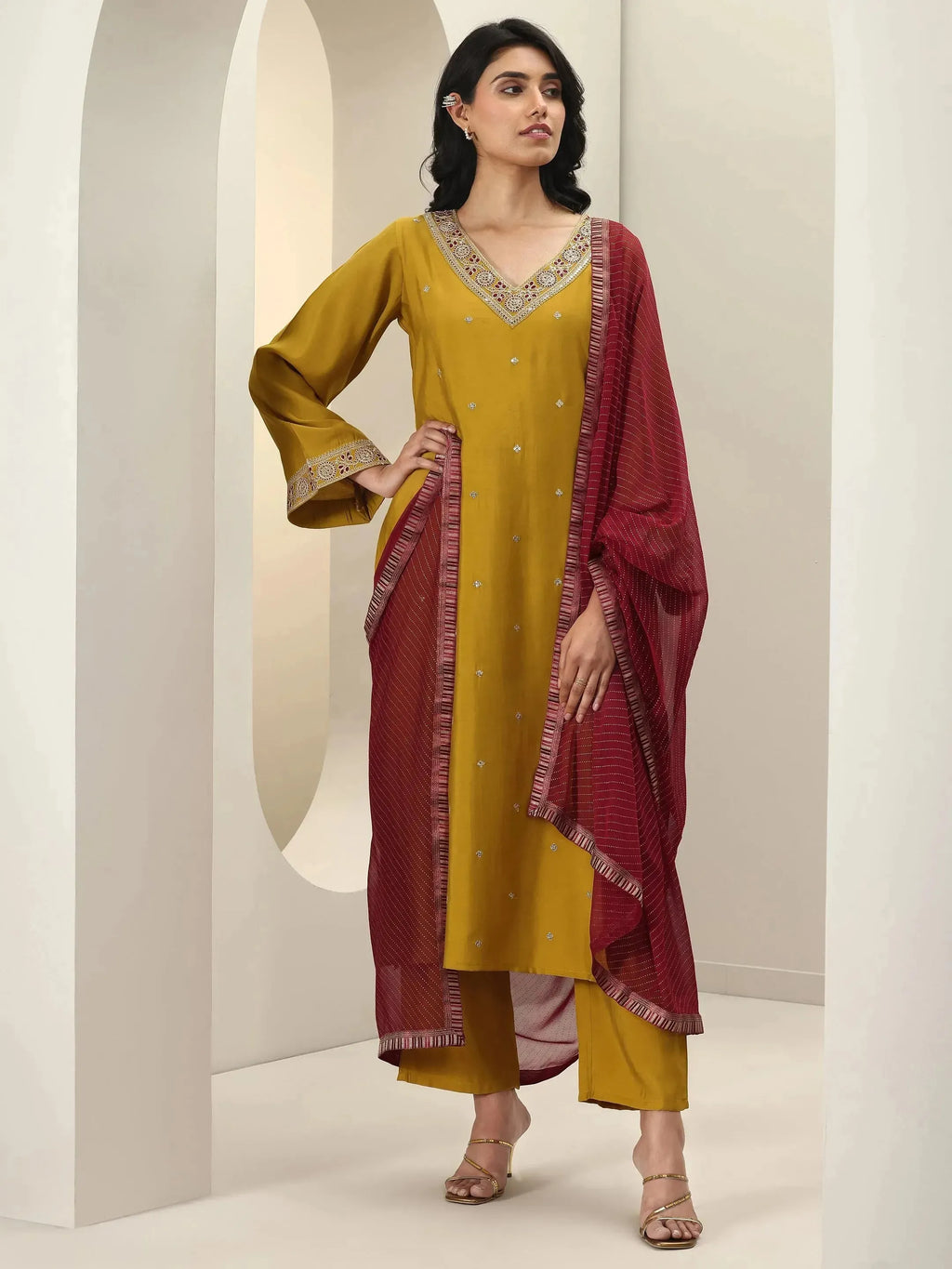 Gerua Mustard Embroidered Silk Blend Straight Suit Sets With Dupatta