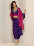 Gerua Purple Embroidered Silk Blend Straight Suit Set With Dupatta