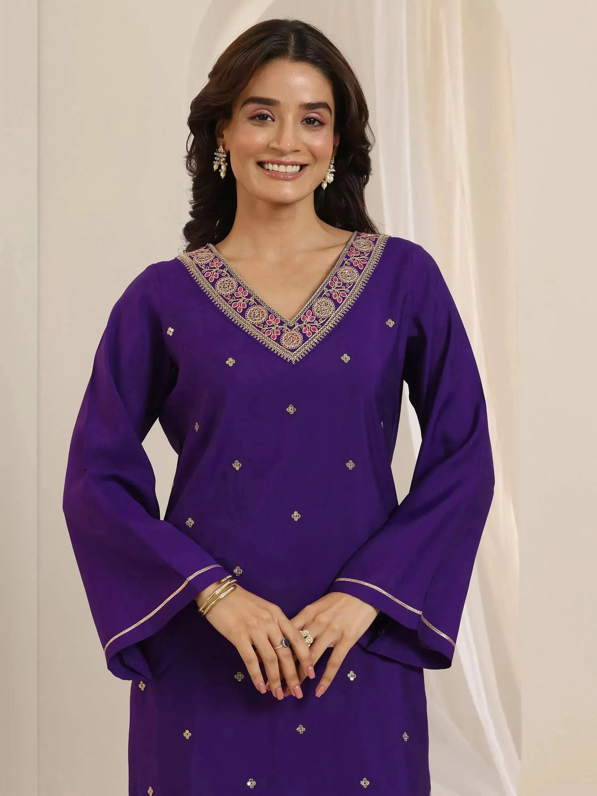 Gerua Purple Embroidered Silk Blend Straight Suit Set With Dupatta
