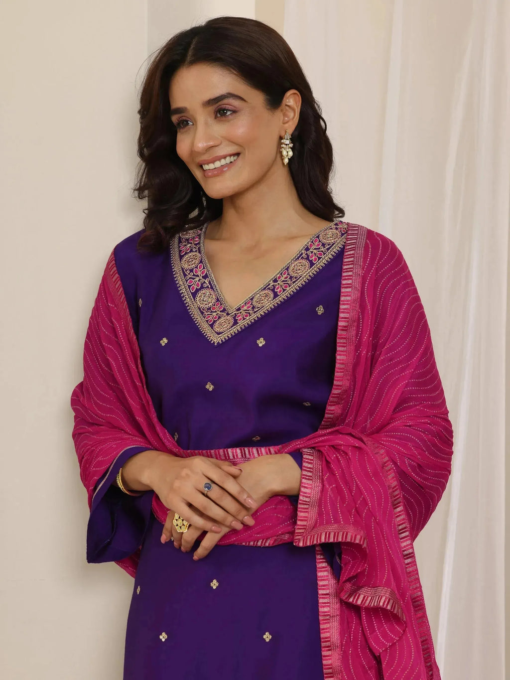 Gerua Purple Embroidered Silk Blend Straight Suit Set With Dupatta