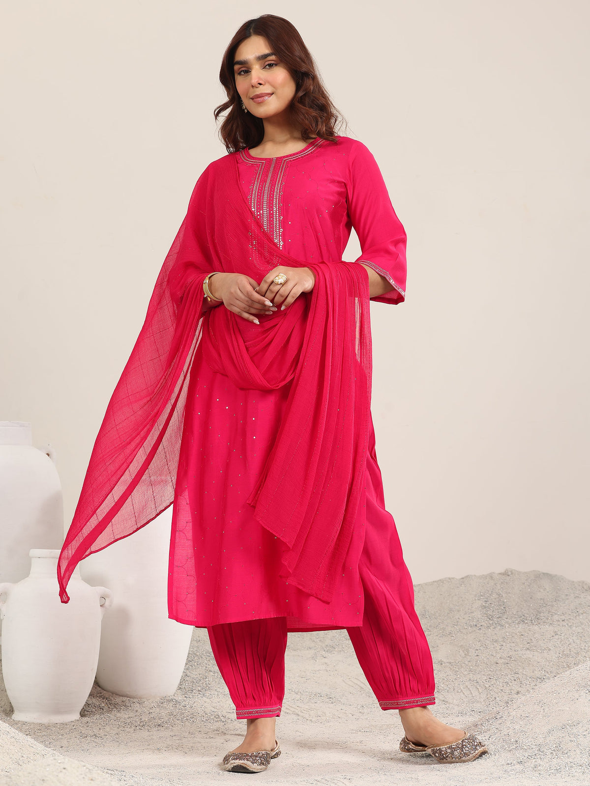 Gerua Pink Embellished Silk Blend Straight Suit With Dupatta