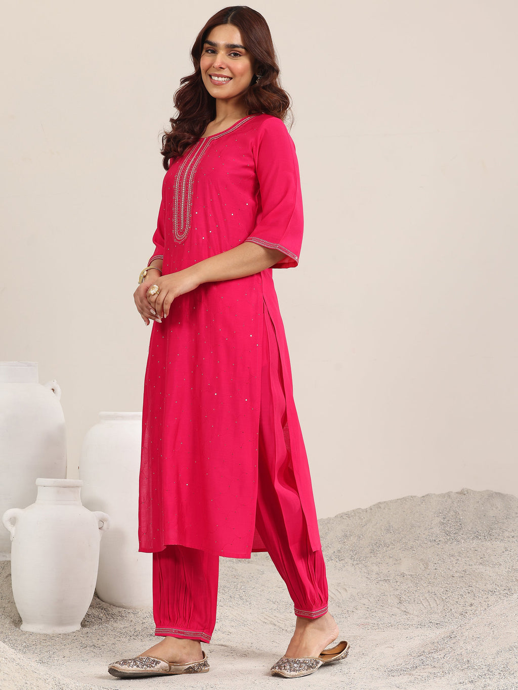 Gerua Pink Embellished Silk Blend Straight Suit With Dupatta