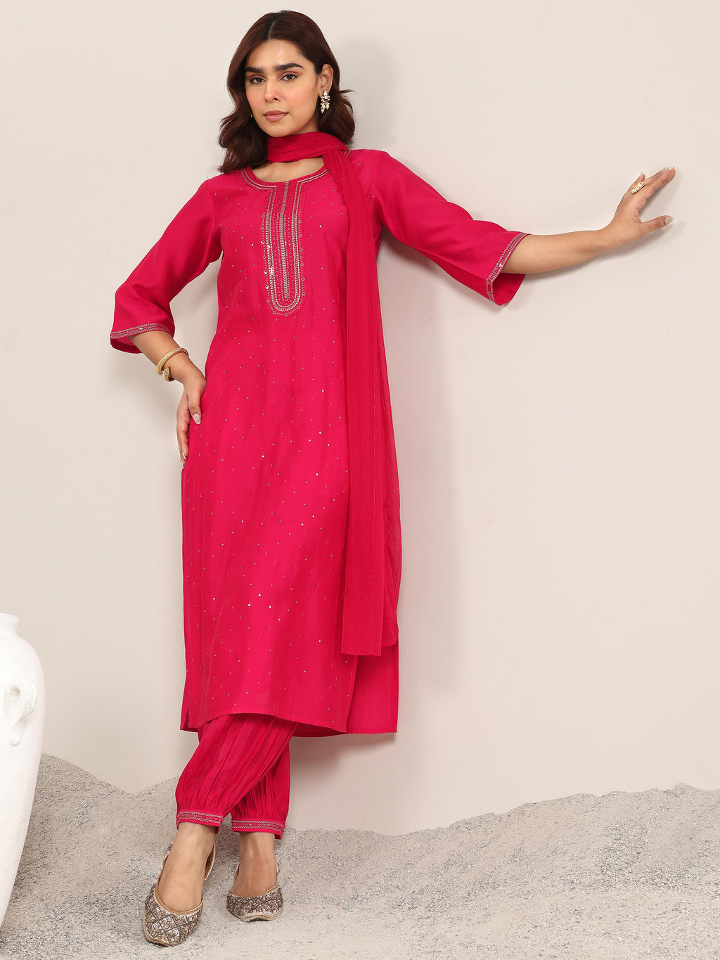 Gerua Pink Embellished Silk Blend Straight Suit With Dupatta