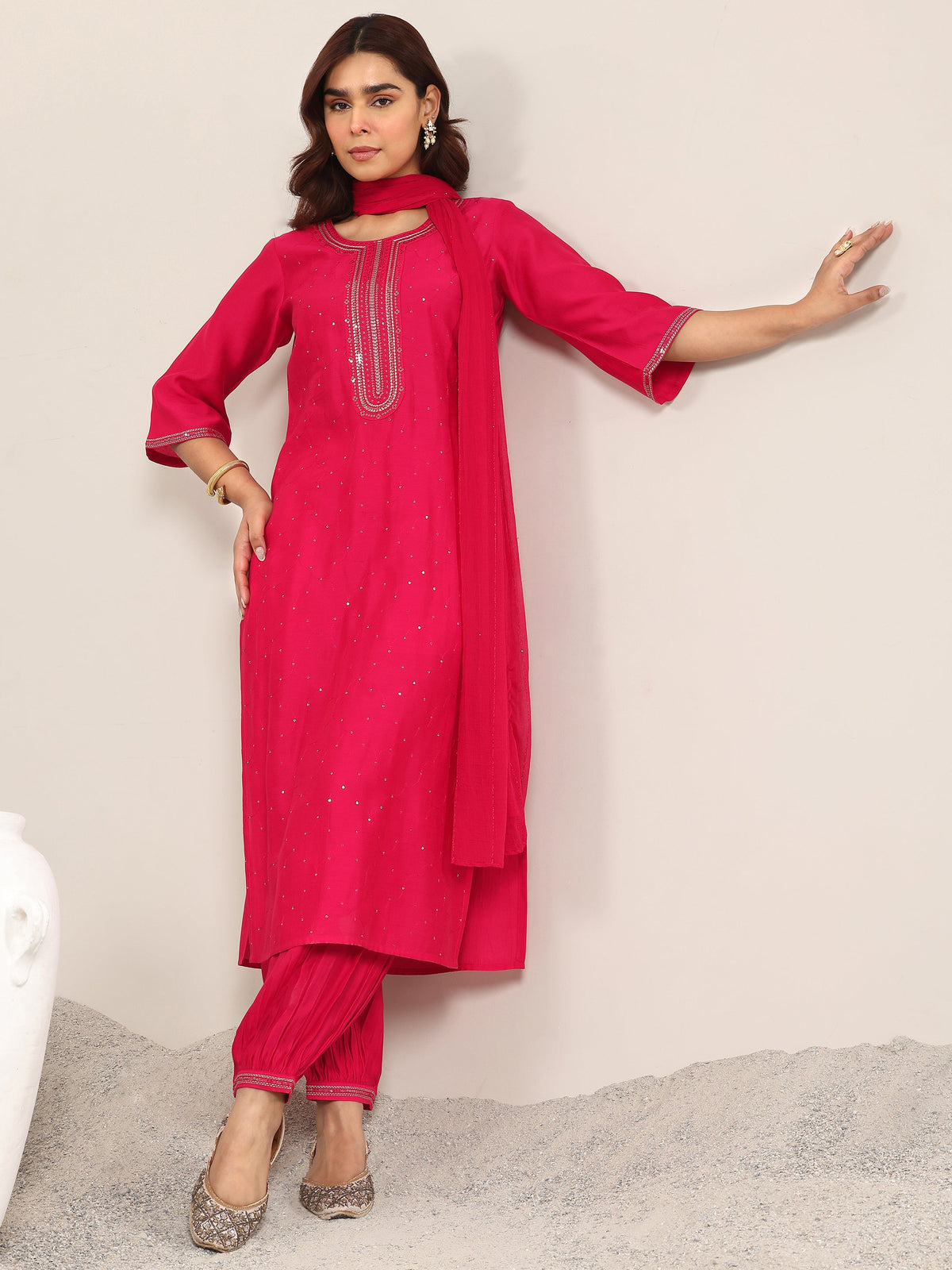Gerua Pink Embellished Silk Blend Straight Suit With Dupatta