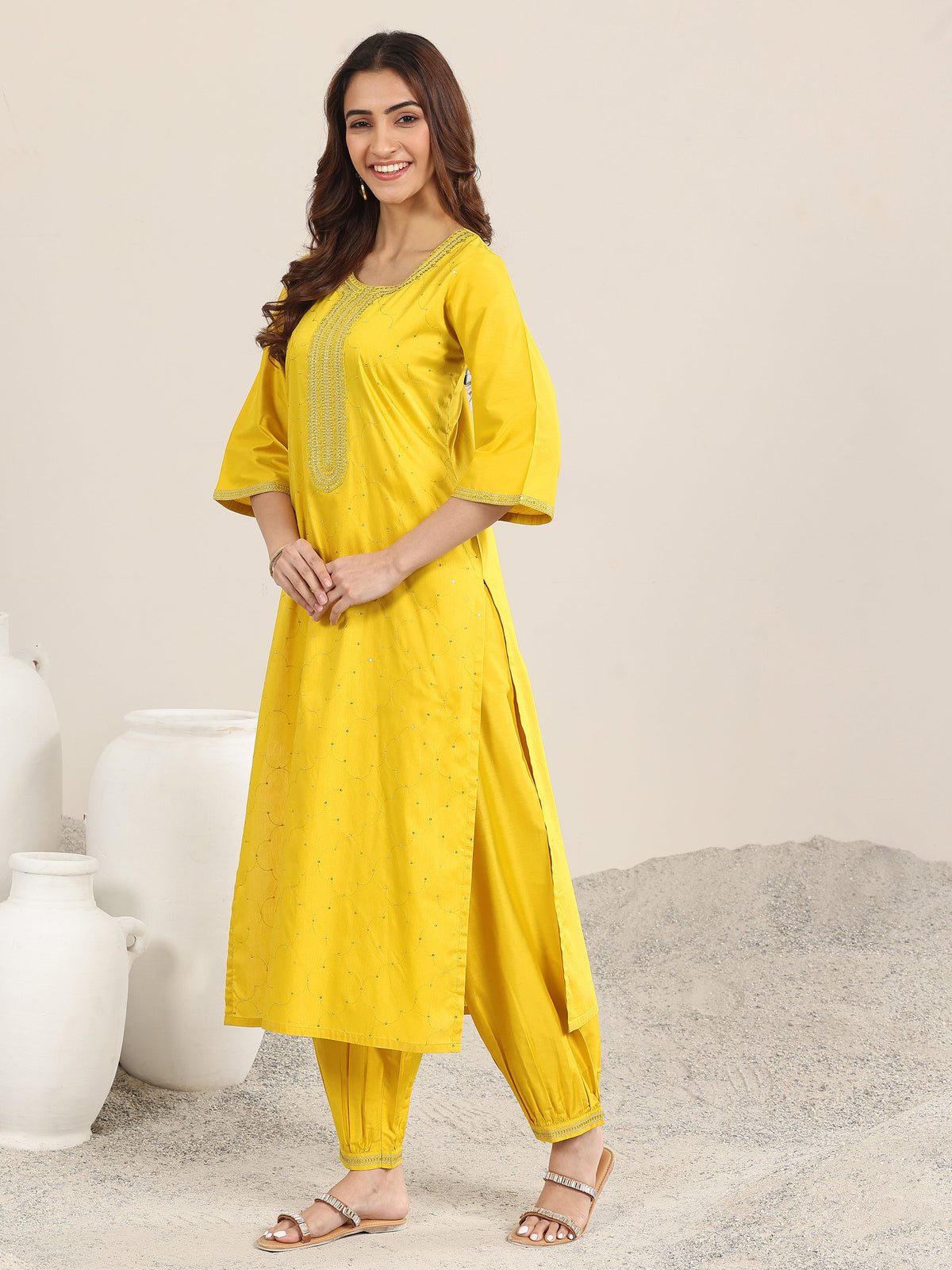 Gerua Yellow Embellished Silk Blend Straight Suit With Dupatta