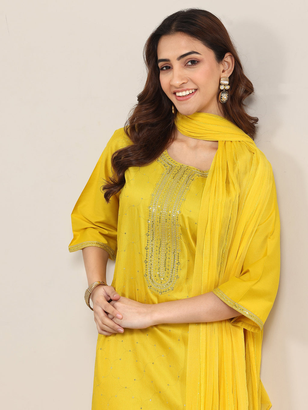 Gerua Yellow Embellished Silk Blend Straight Suit With Dupatta