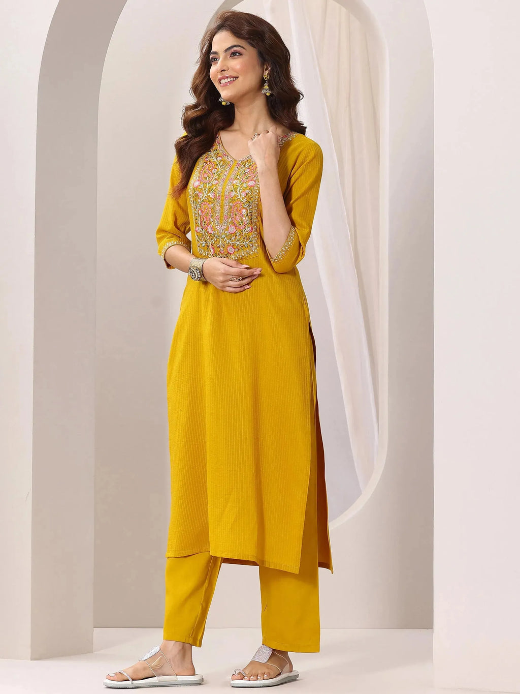 Gerua Yellow Yoke Design Silk Blend Straight Suit Set With Dupatta