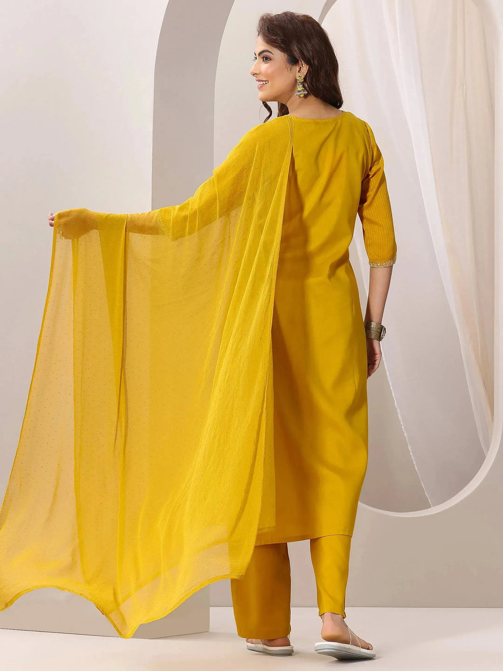 Gerua Yellow Yoke Design Silk Blend Straight Suit Set With Dupatta