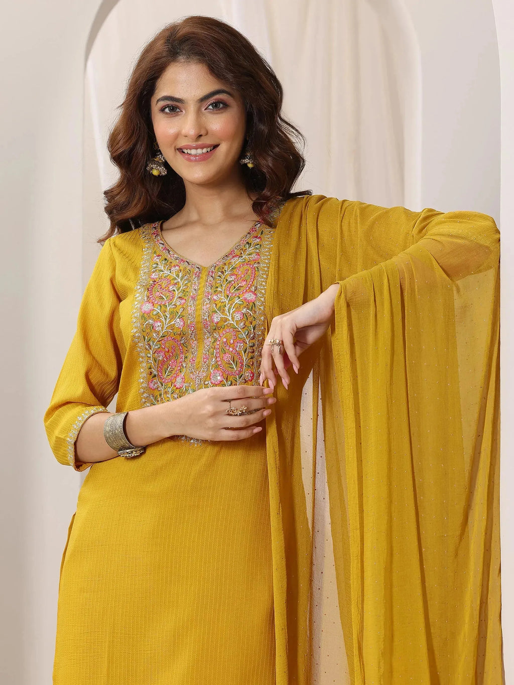 Gerua Yellow Yoke Design Silk Blend Straight Suit Set With Dupatta