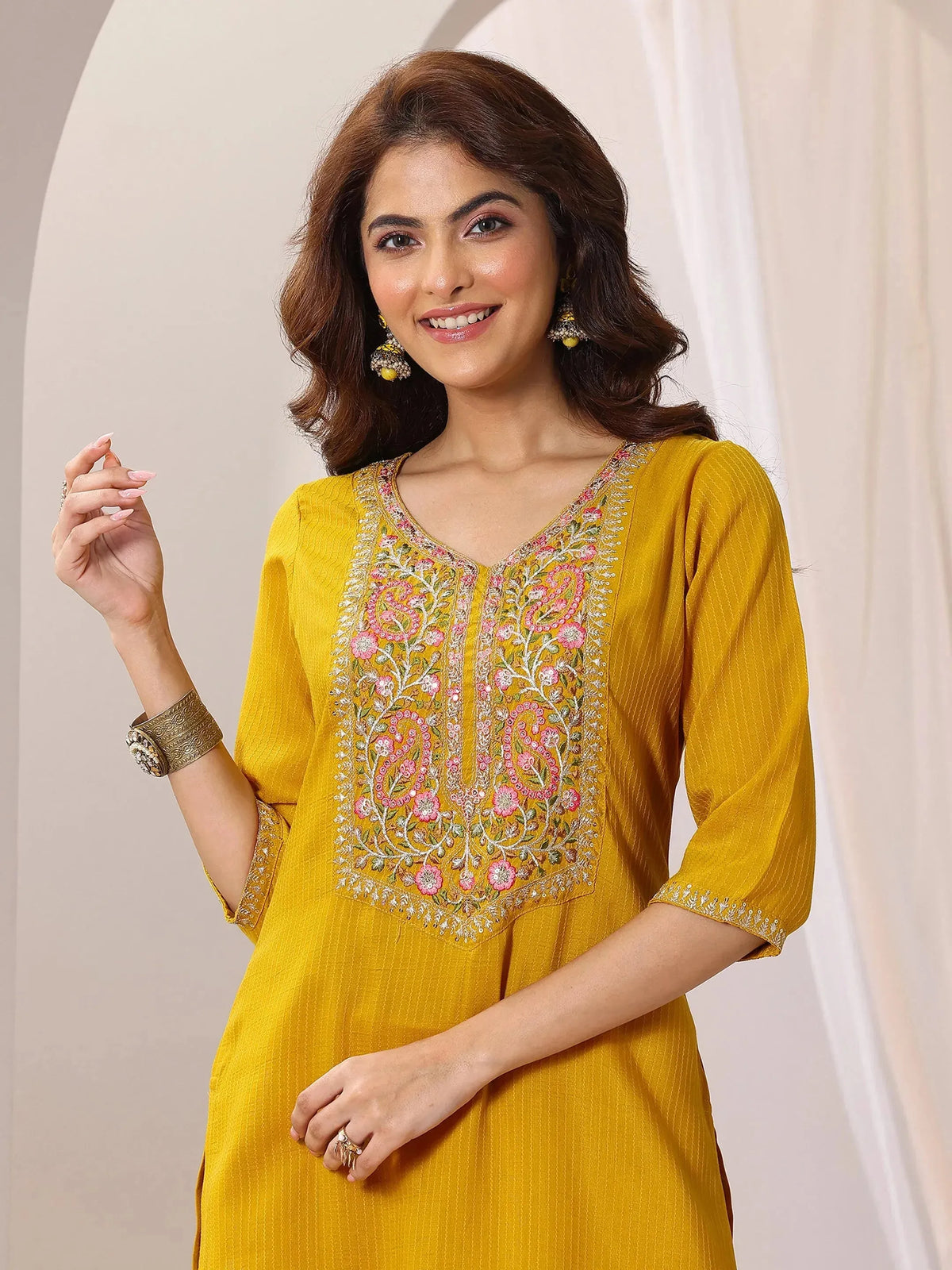 Gerua Yellow Yoke Design Silk Blend Straight Suit Set With Dupatta