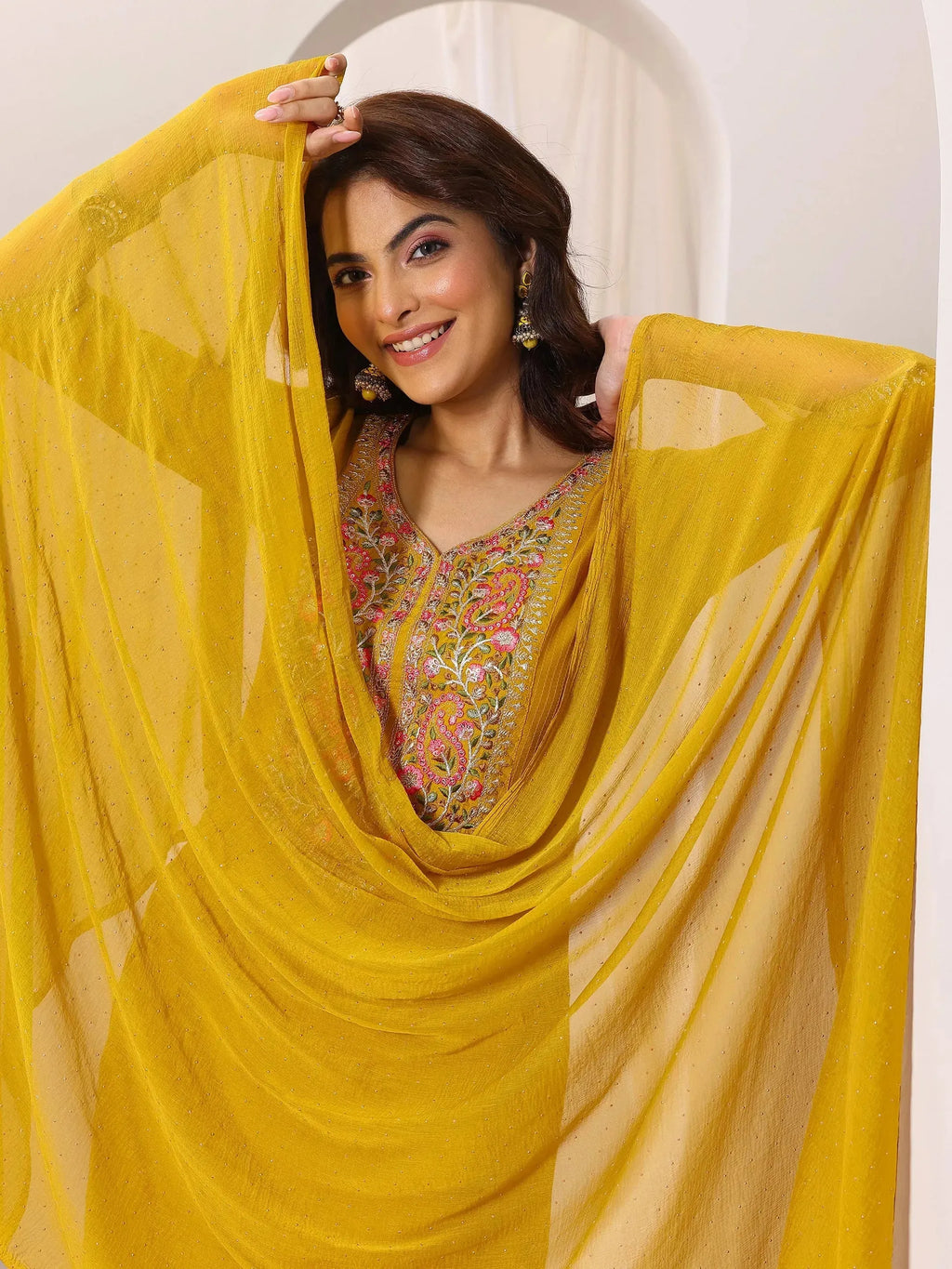 Gerua Yellow Yoke Design Silk Blend Straight Suit Set With Dupatta