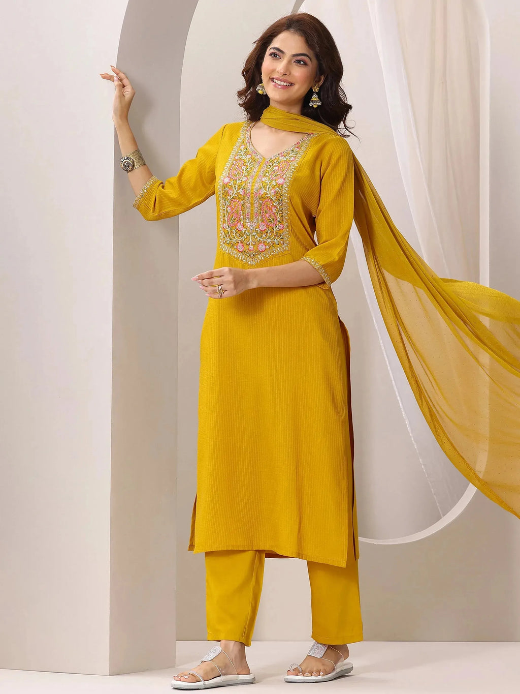 Gerua Yellow Yoke Design Silk Blend Straight Suit Set With Dupatta