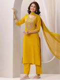 Gerua Yellow Yoke Design Silk Blend Straight Suit Set With Dupatta