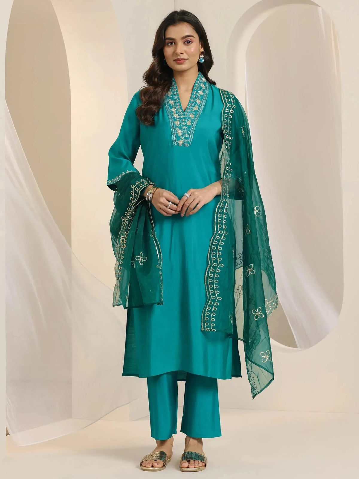 Gerua Turquoise Yoke Design Silk Blend Straight Suit Set With Dupatta