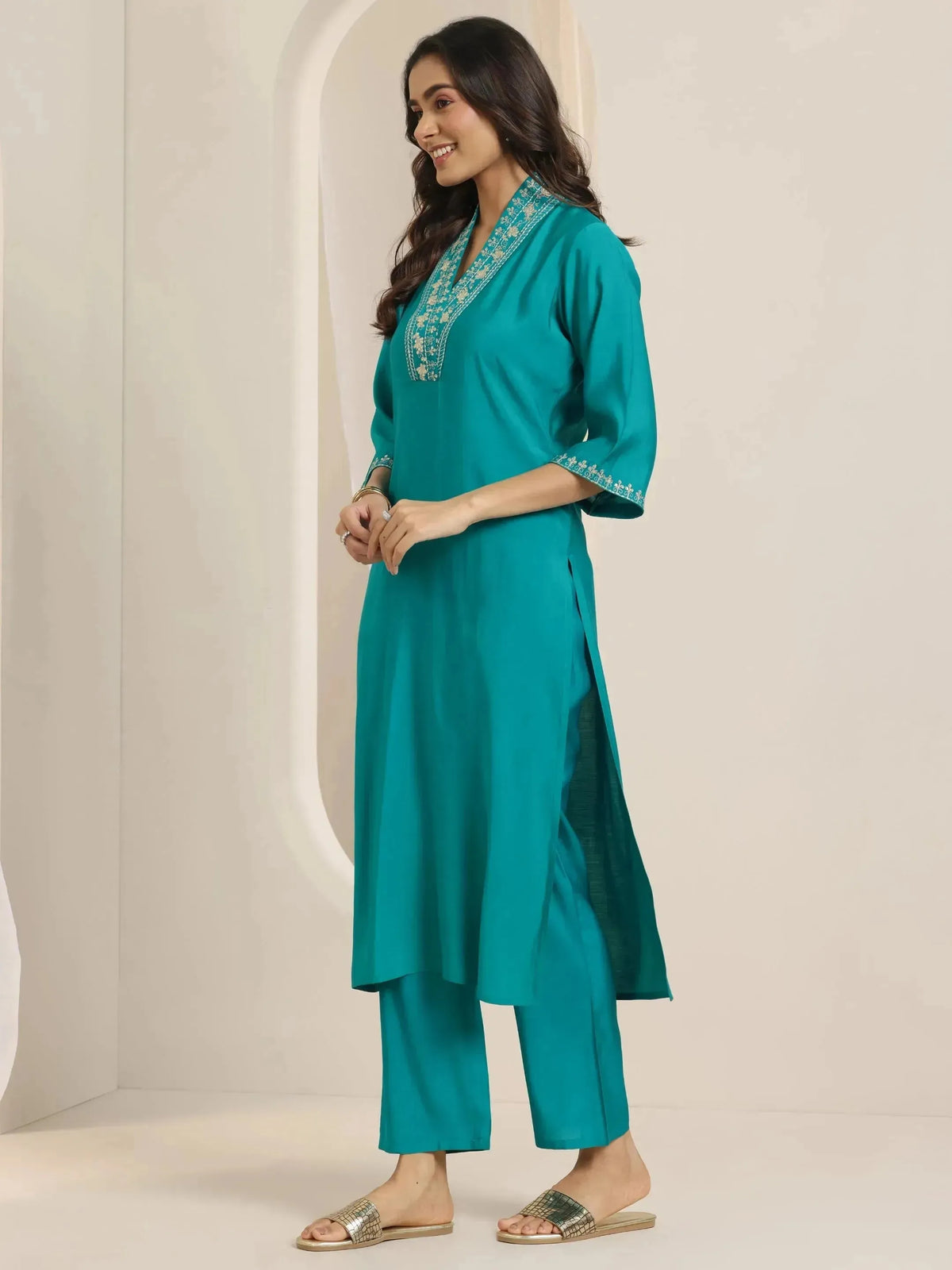 Gerua Turquoise Yoke Design Silk Blend Straight Suit Set With Dupatta
