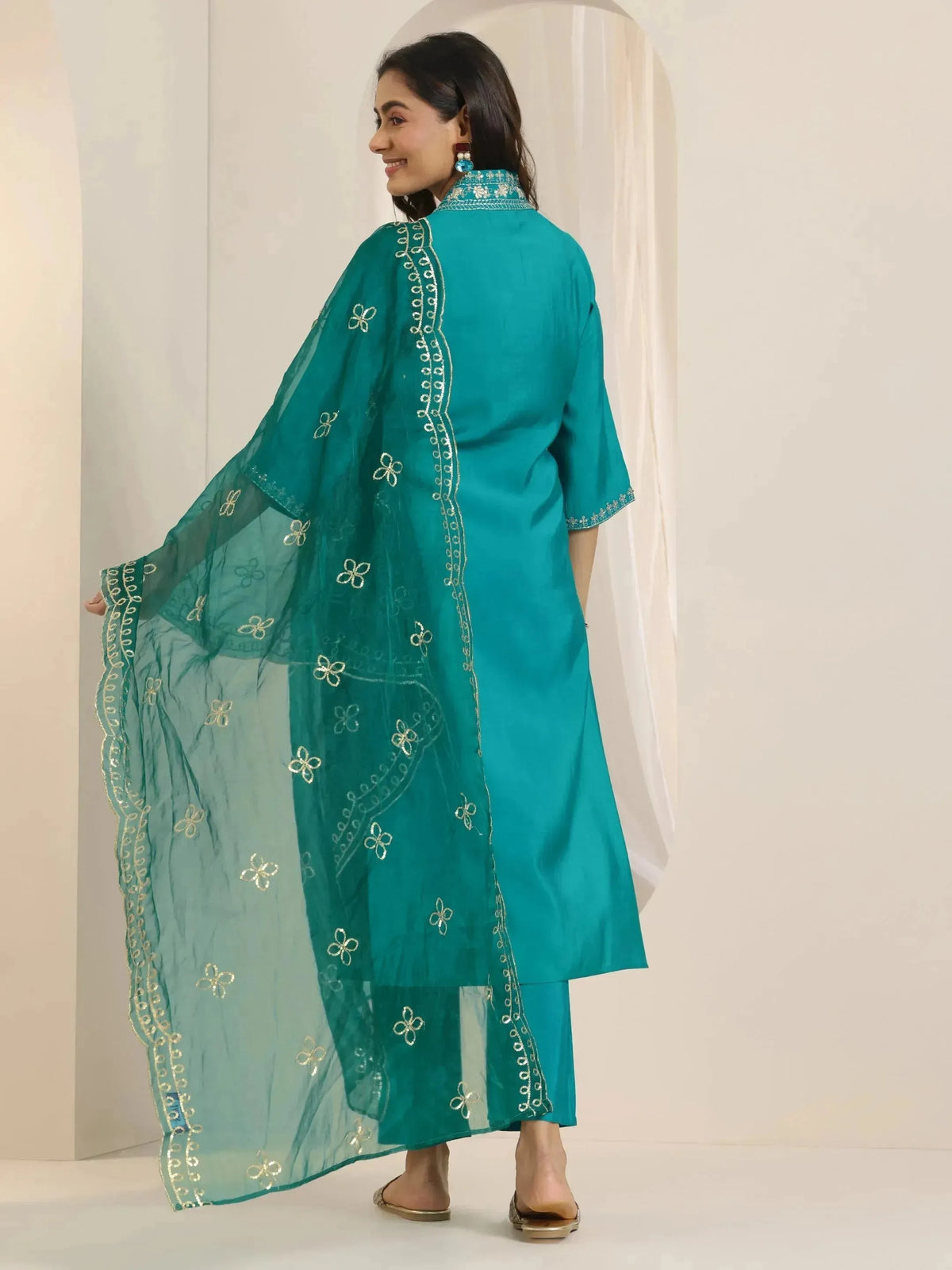 Gerua Turquoise Yoke Design Silk Blend Straight Suit Set With Dupatta