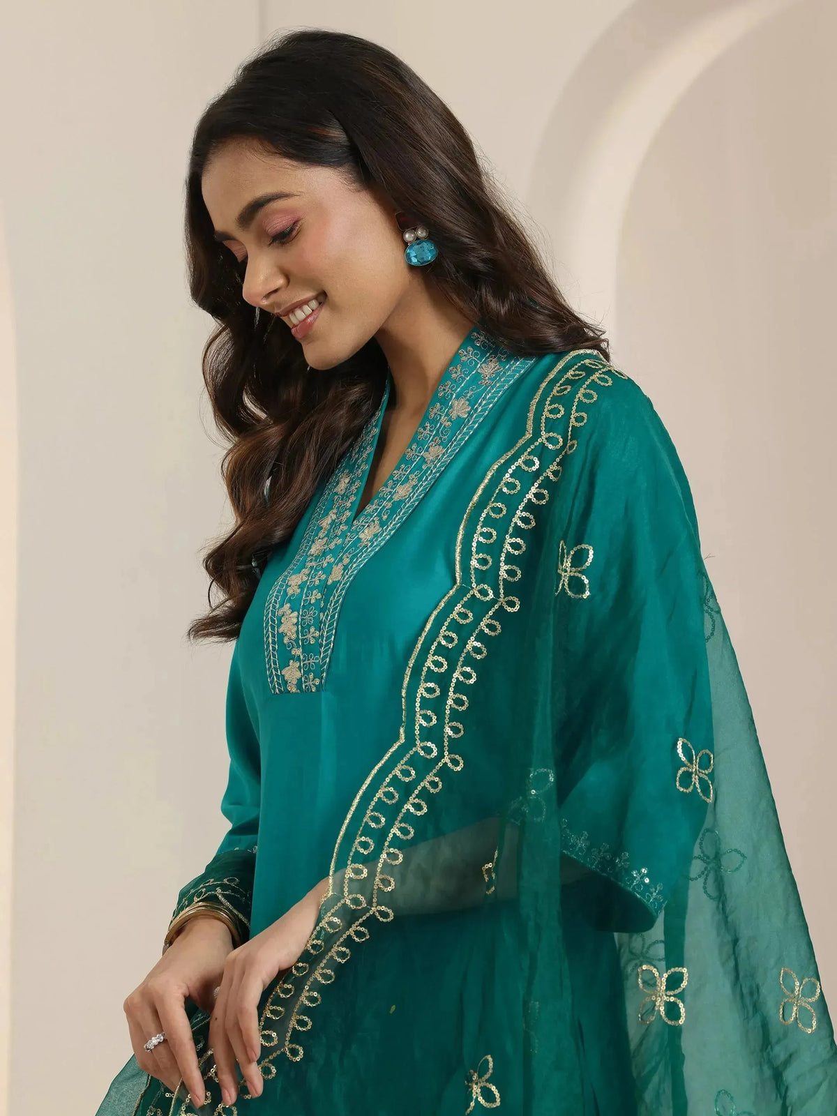 Gerua Turquoise Yoke Design Silk Blend Straight Suit Set With Dupatta