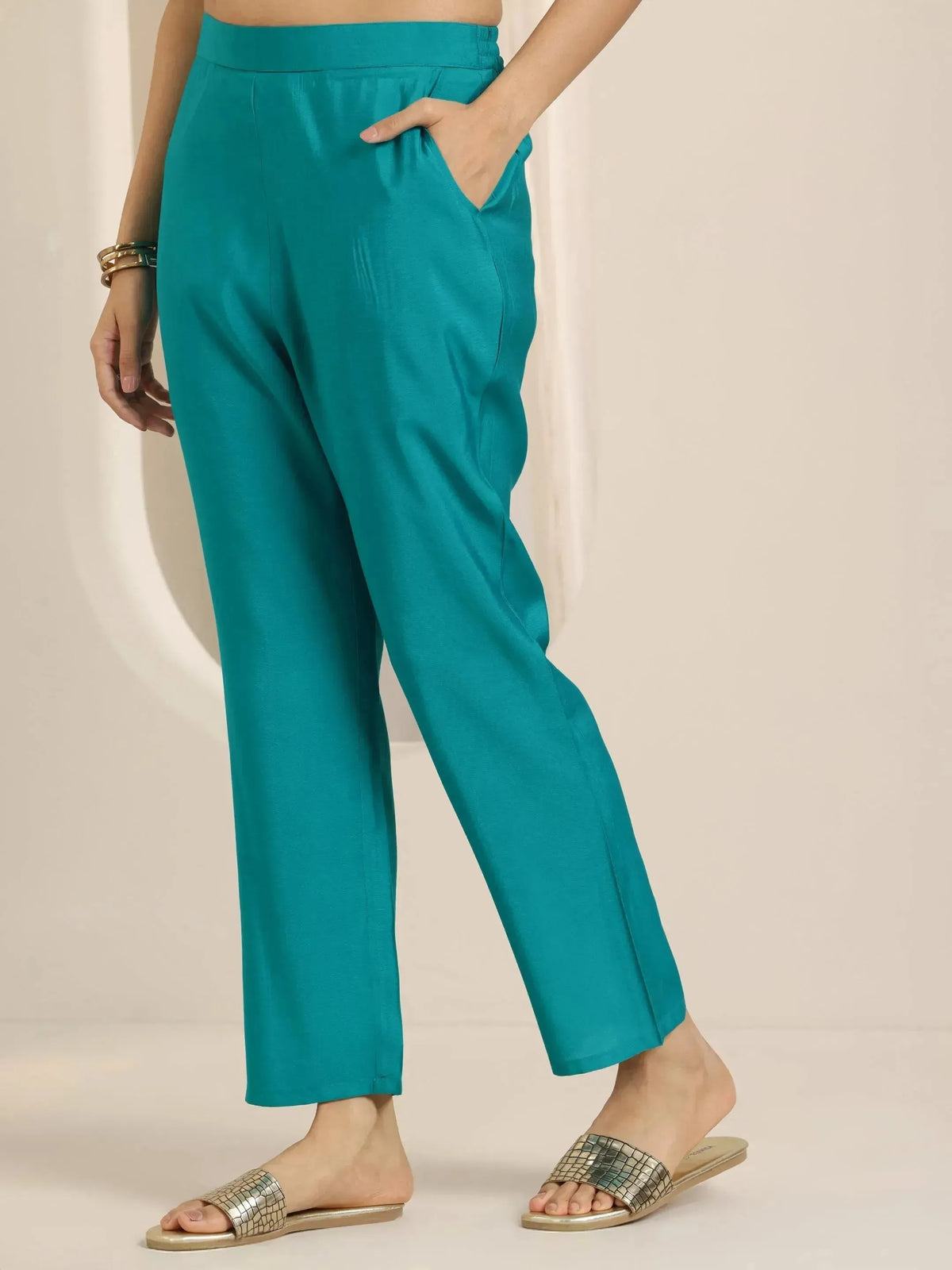 Gerua Turquoise Yoke Design Silk Blend Straight Suit Set With Dupatta