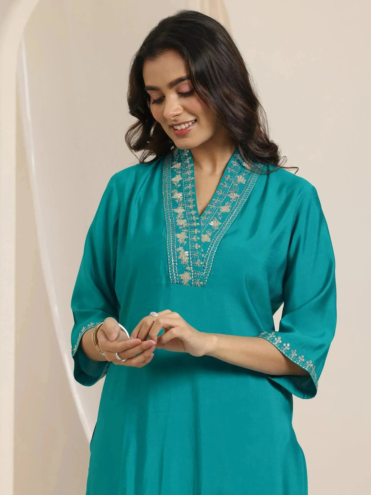 Gerua Turquoise Yoke Design Silk Blend Straight Suit Set With Dupatta