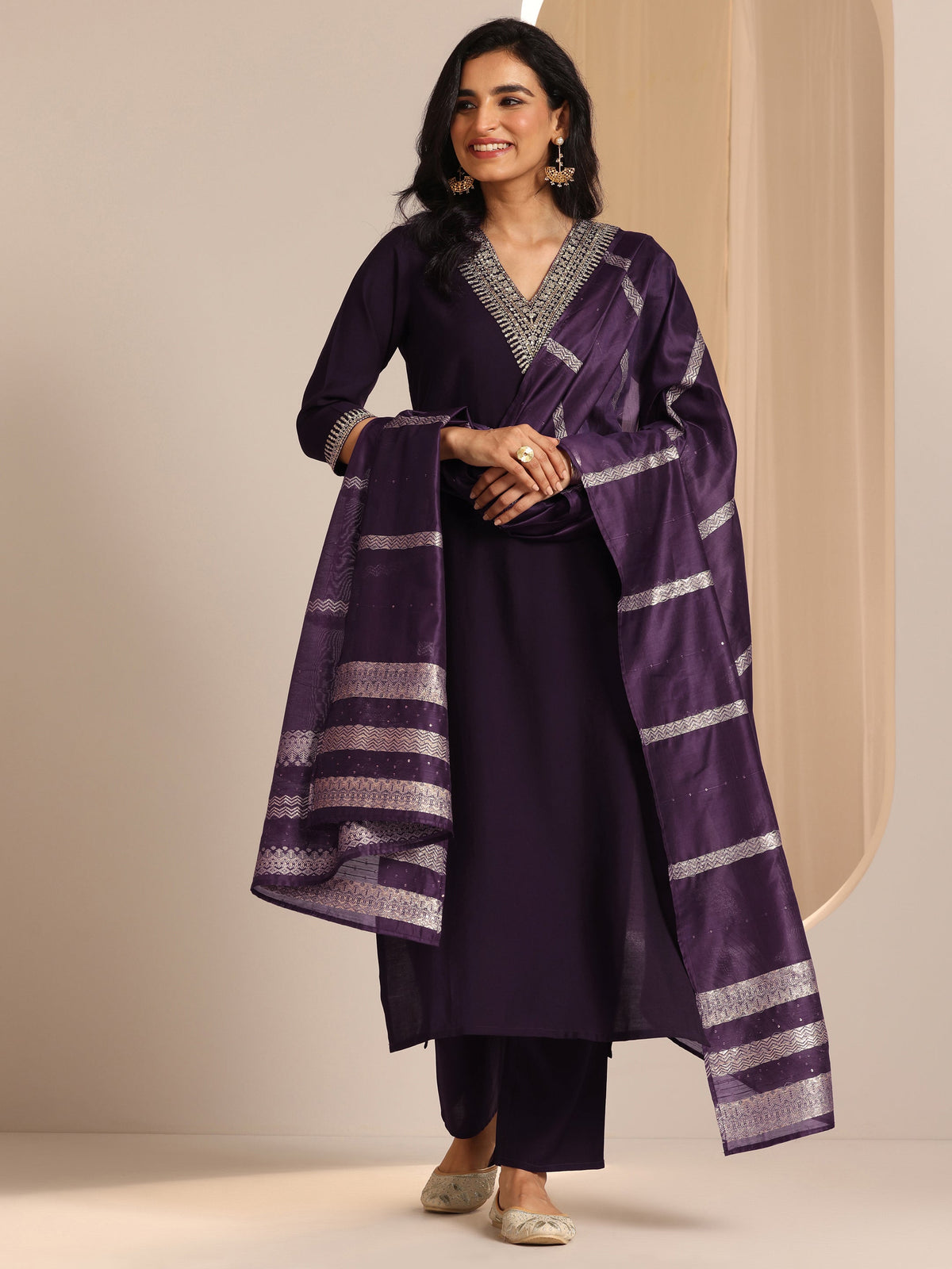 Gerua Burgundy Yoke Design Silk Blend Straight Suit Set With Dupatta