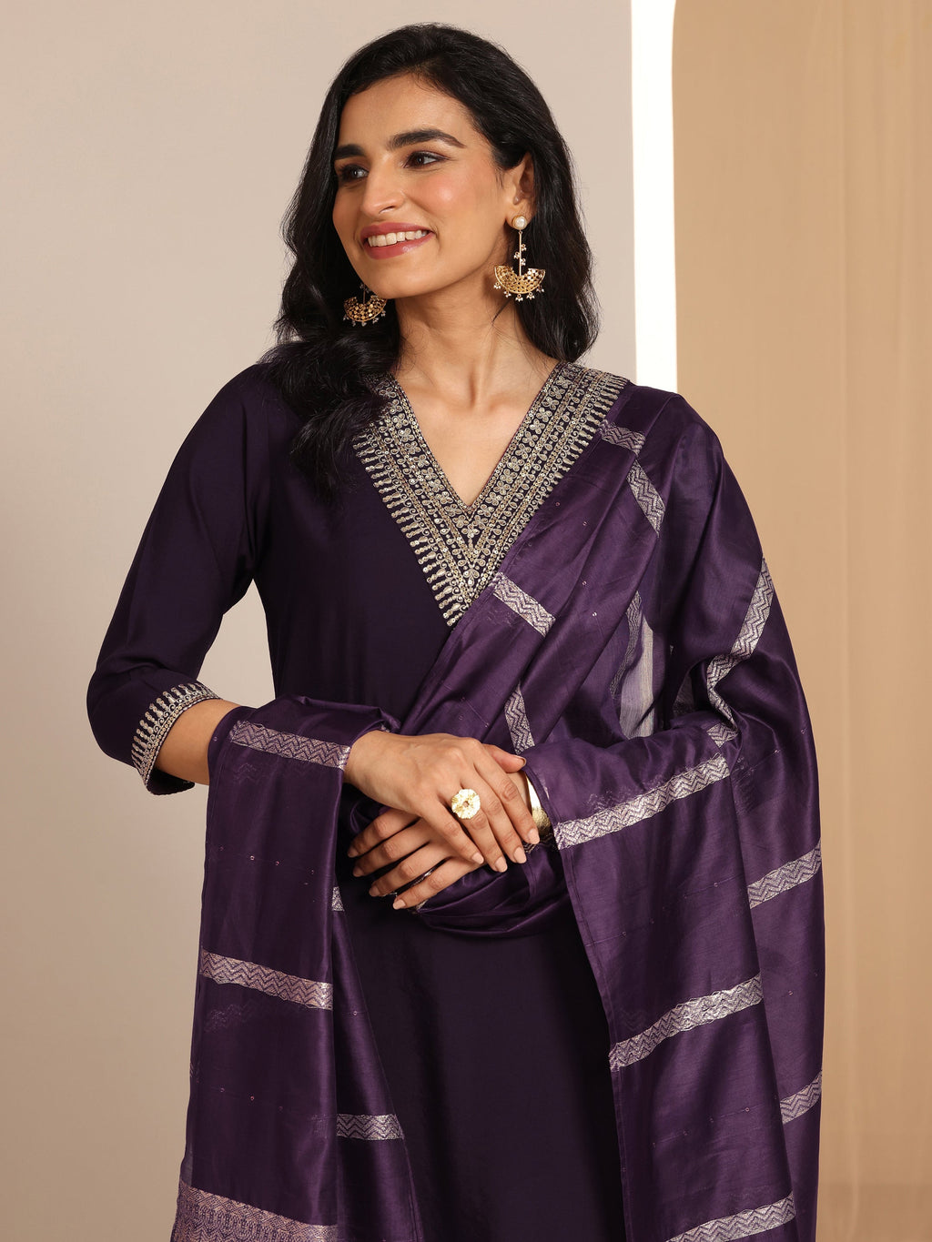 Gerua Burgundy Yoke Design Silk Blend Straight Suit Set With Dupatta