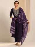 Gerua Burgundy Yoke Design Silk Blend Straight Suit Set With Dupatta