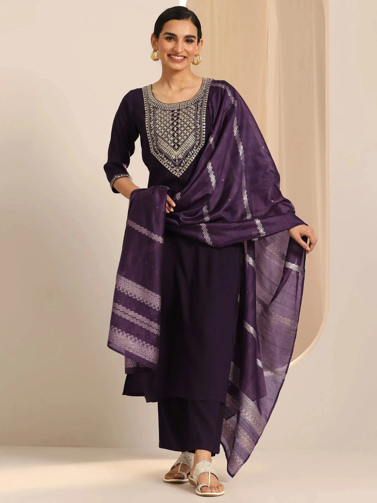 Gerua Burgundy Yoke Design Silk Blend Straight Suit Set With Dupatta