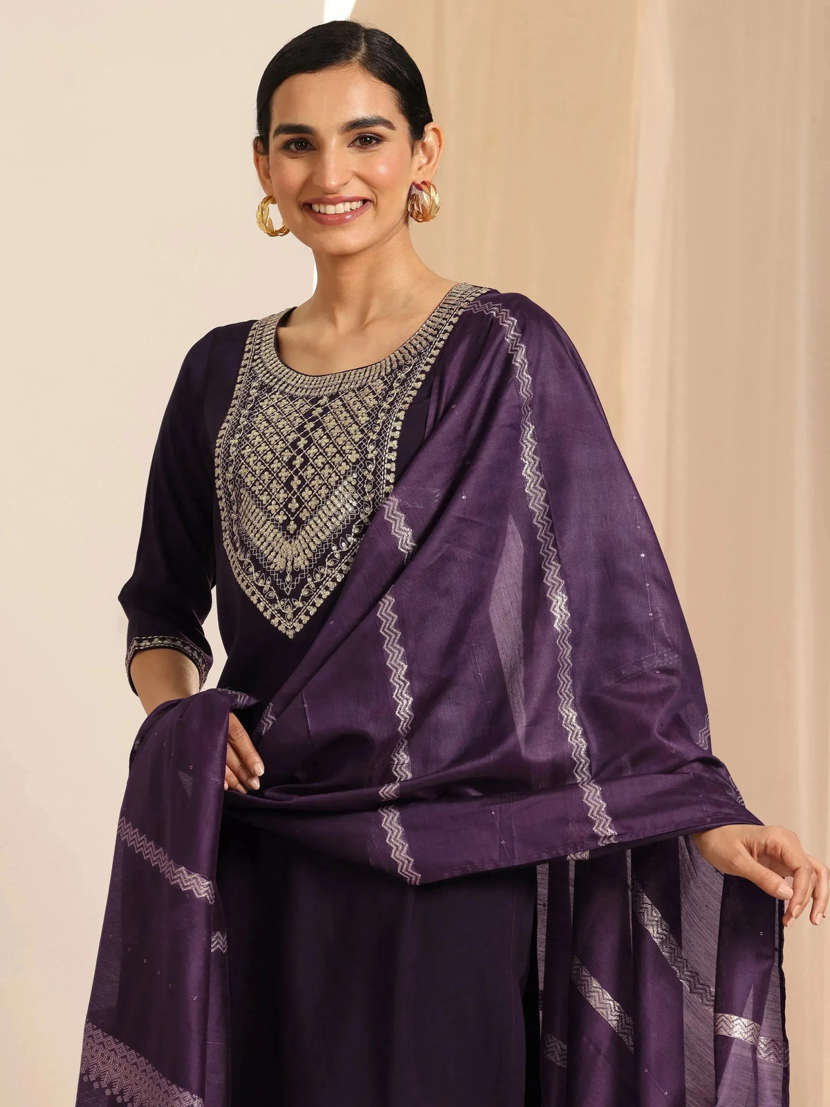 Gerua Burgundy Yoke Design Silk Blend Straight Suit Set With Dupatta