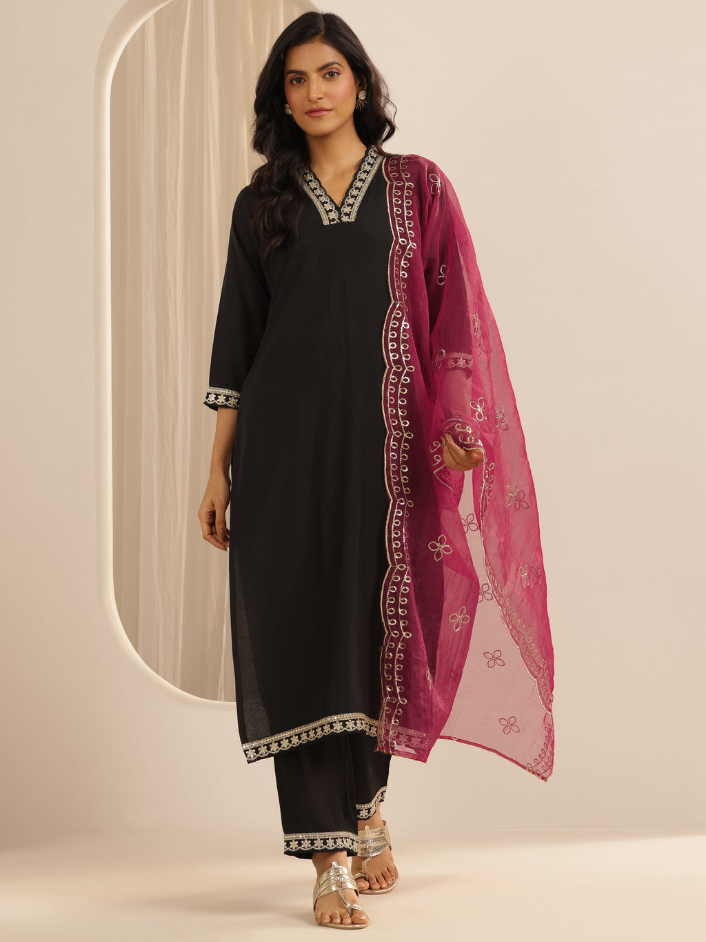 Gerua Black Solid Silk blend Straight Suit Set With Dupatta
