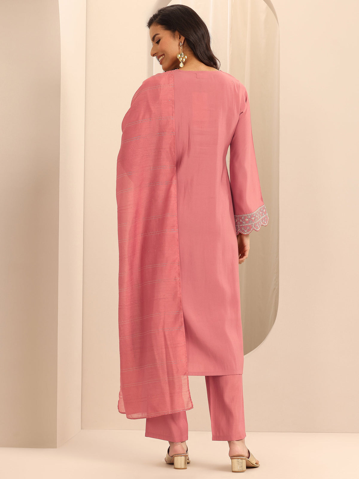 Gerua Peach Yoke Design Silk Blend Straight Suit Set With Dupatta