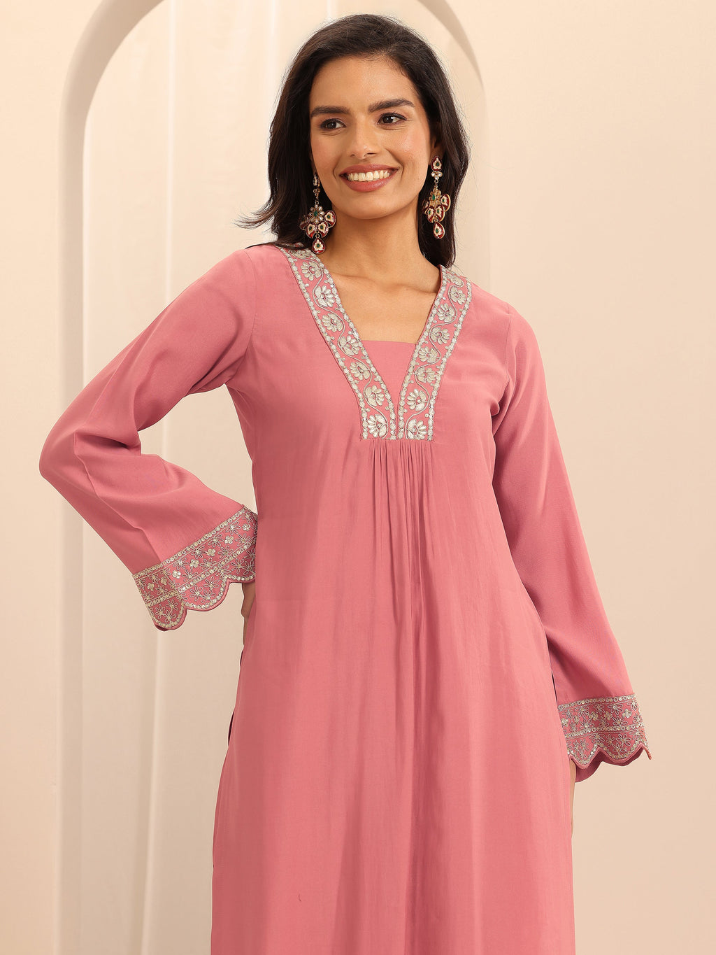 Gerua Peach Yoke Design Silk Blend Straight Suit Set With Dupatta