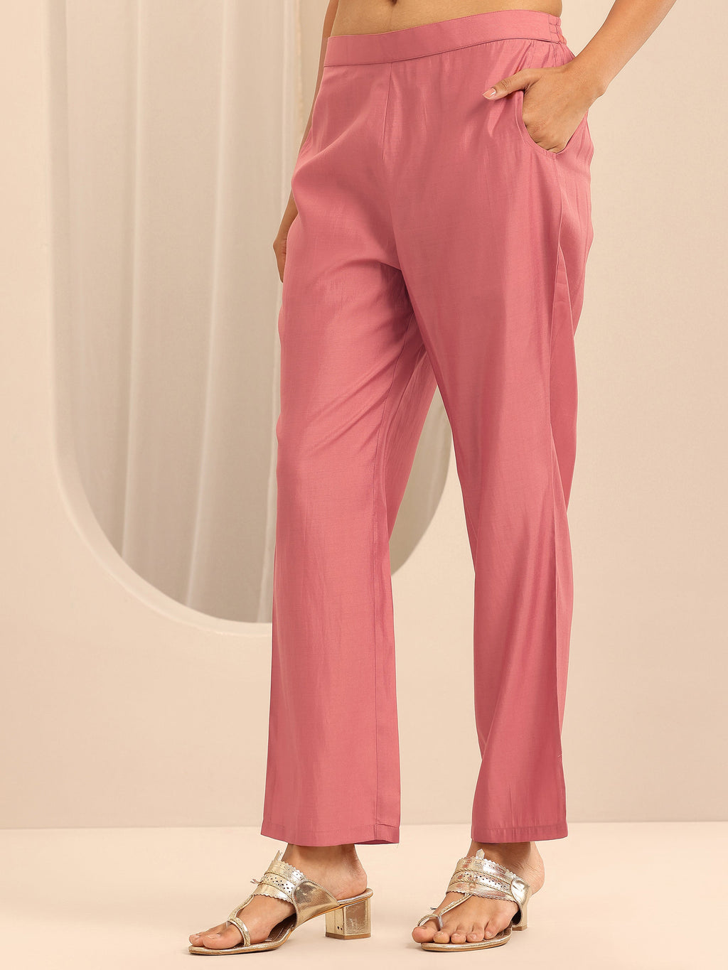 Gerua Peach Yoke Design Silk Blend Straight Suit Set With Dupatta