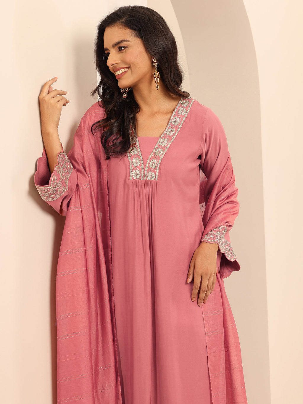 Gerua Peach Yoke Design Silk Blend Straight Suit Set With Dupatta