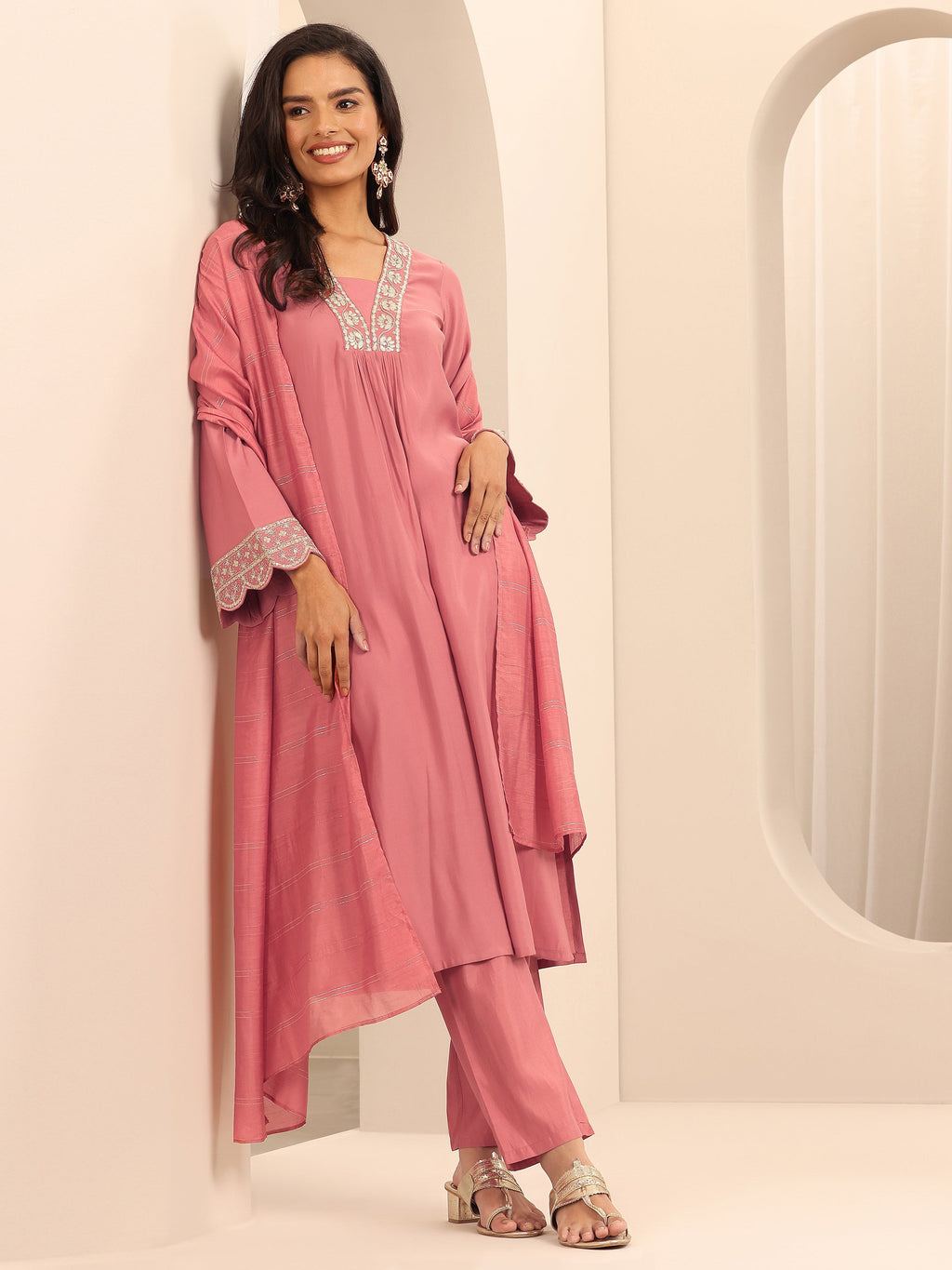 Gerua Peach Yoke Design Silk Blend Straight Suit Set With Dupatta