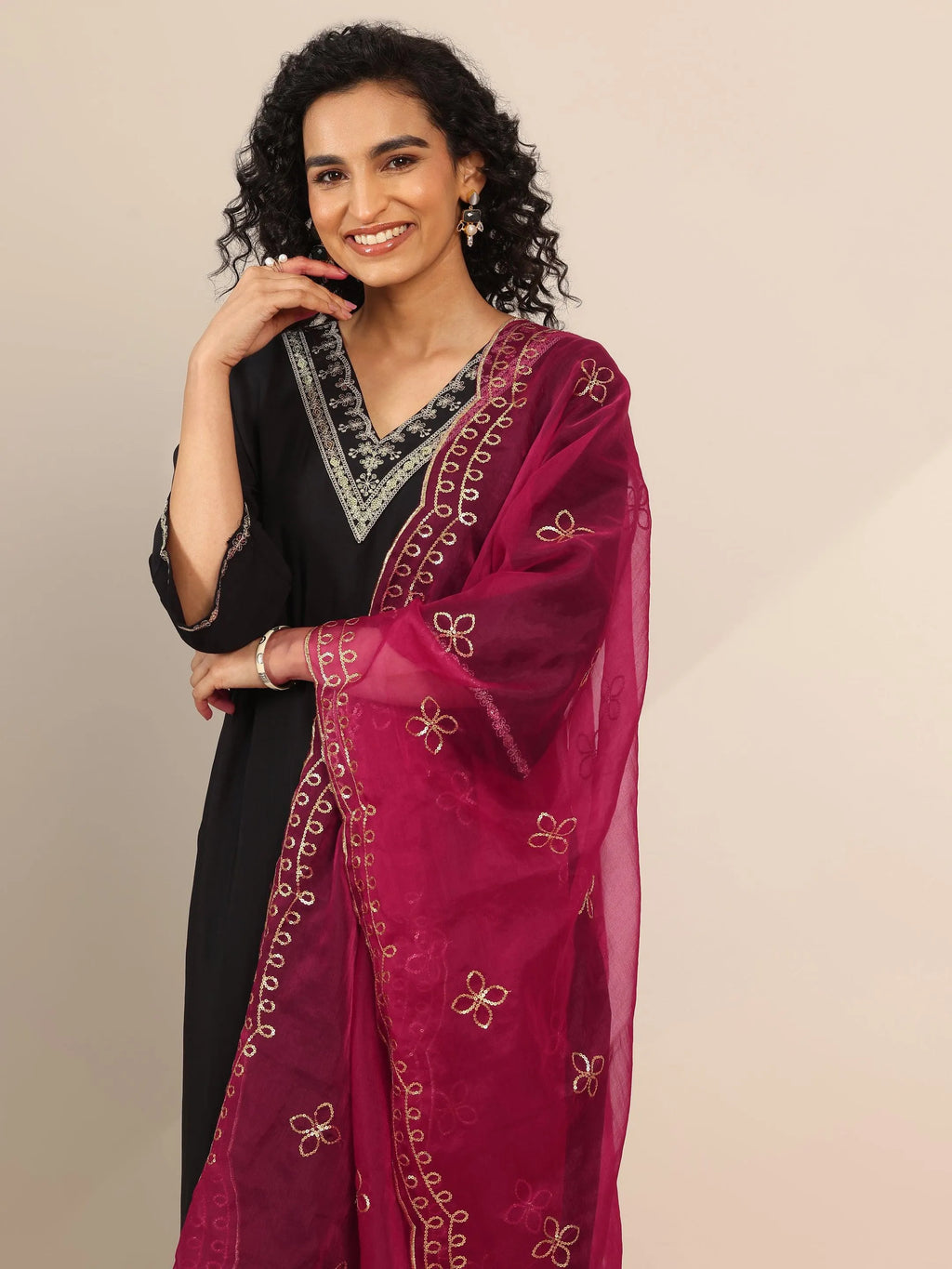 Gerua Black Yoke Design Silk Blend Straight Suit Set With Dupatta